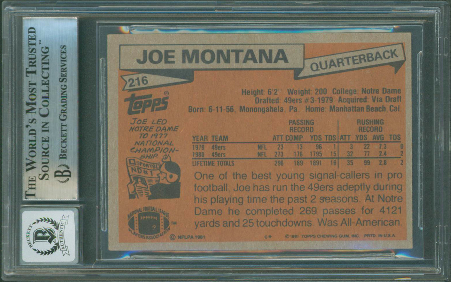 49ers Joe Montana "HOF 2000" Signed 1981 Topps #216 Rookie Card BAS Slabbed 3