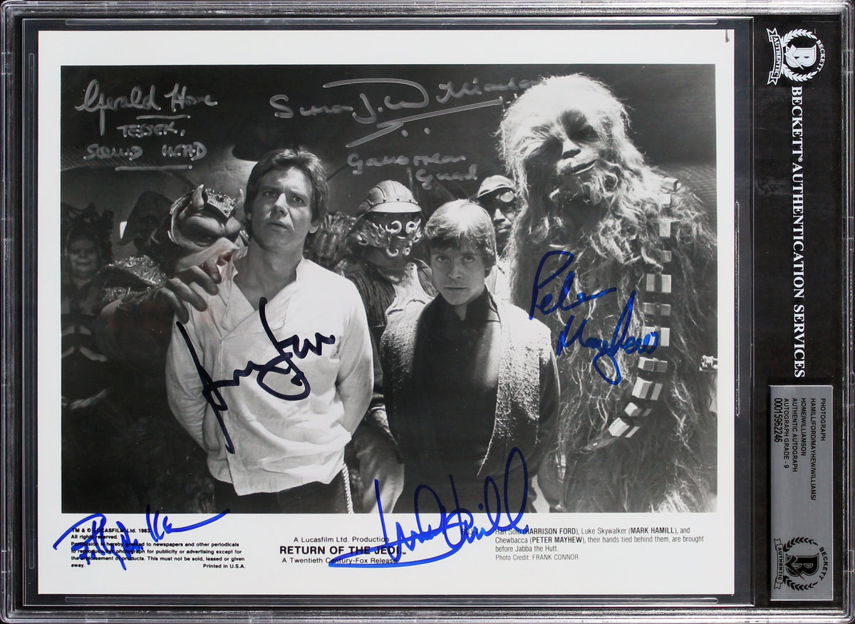 Star Wars (6) Ford, Hamill, Mayhew, Williams Signed 8x10 Photo Auto 9! BAS Slab