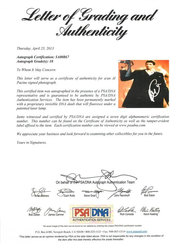 Al Pacino Scarface Signed 11X14 Photo Graded Perfect 10! PSA/DNA ITP #5A00867