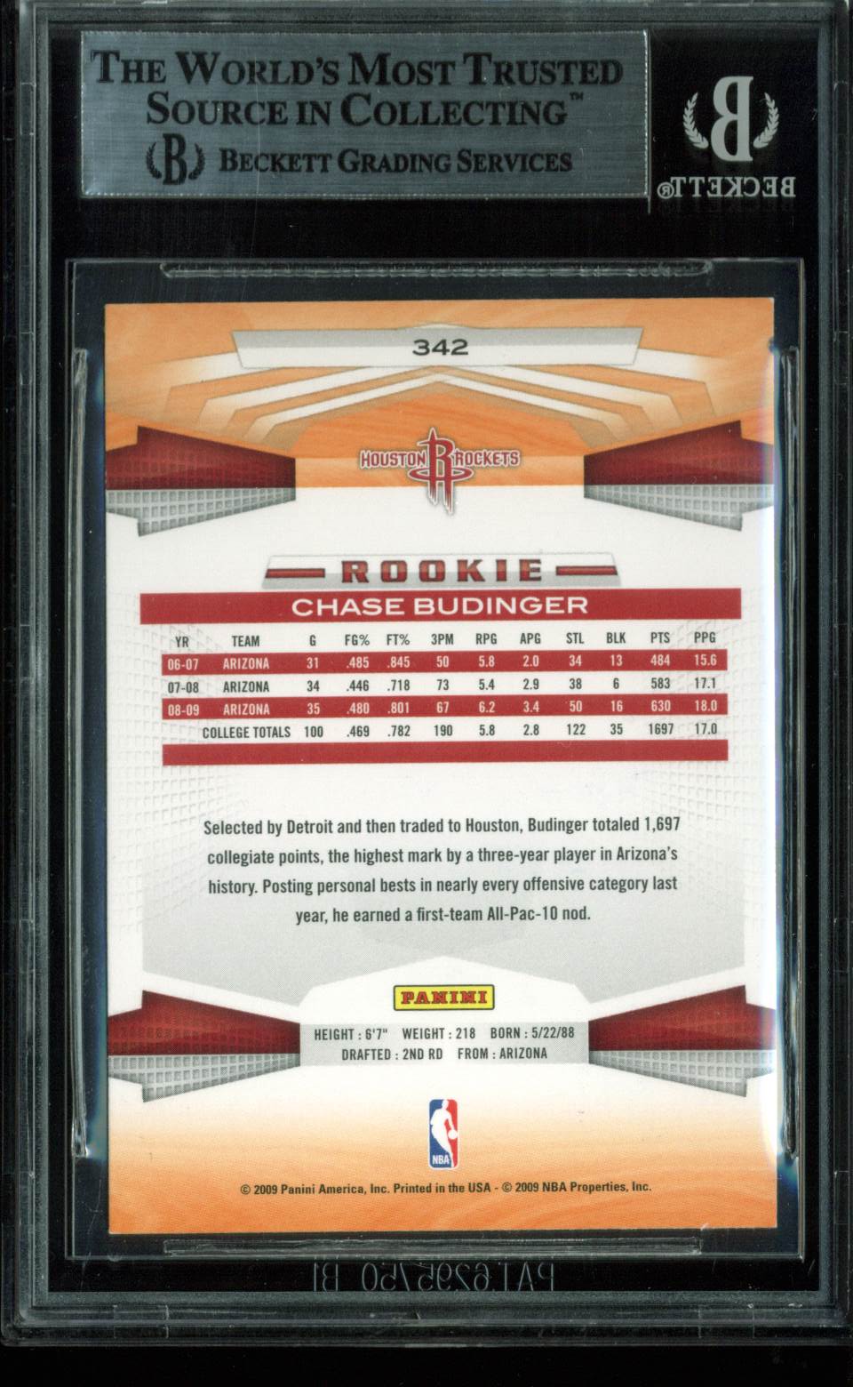 Rockets Chase Budinger Authentic Signed Card 2009 Panini #342 BAS Slabbed