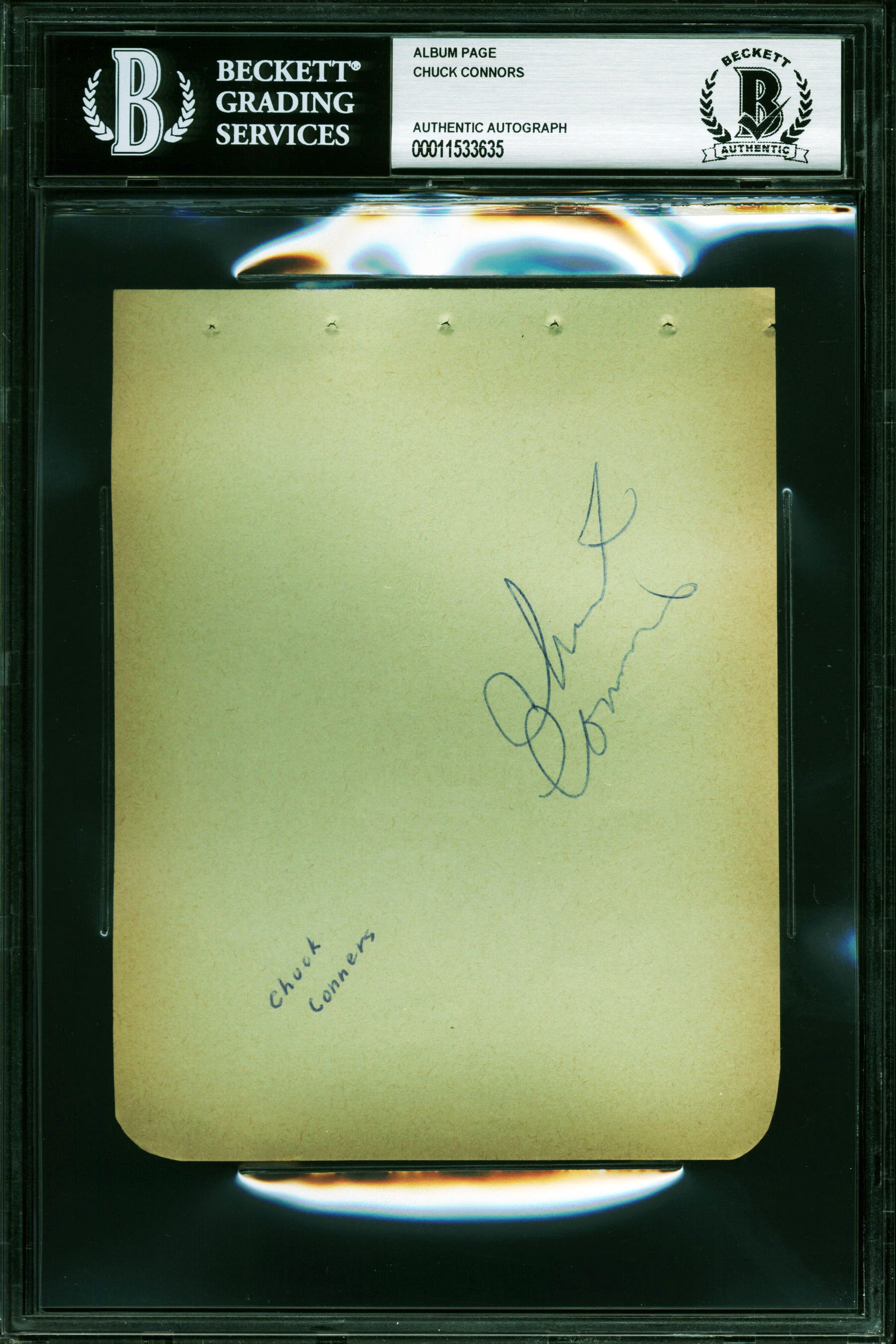 Chuck Connors The Rifleman Authentic Signed 4.5x5.75 Album Page BAS Slabbed