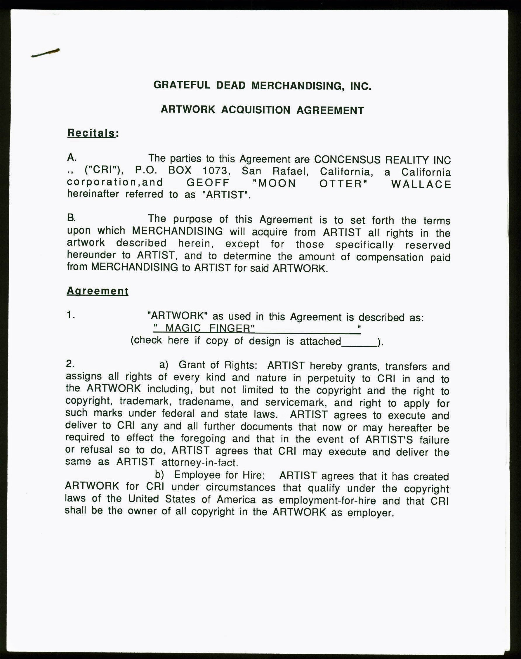 Jerry Garcia Signed 3 Page Grateful Dead Merchandising Agreement PSA #AA01915