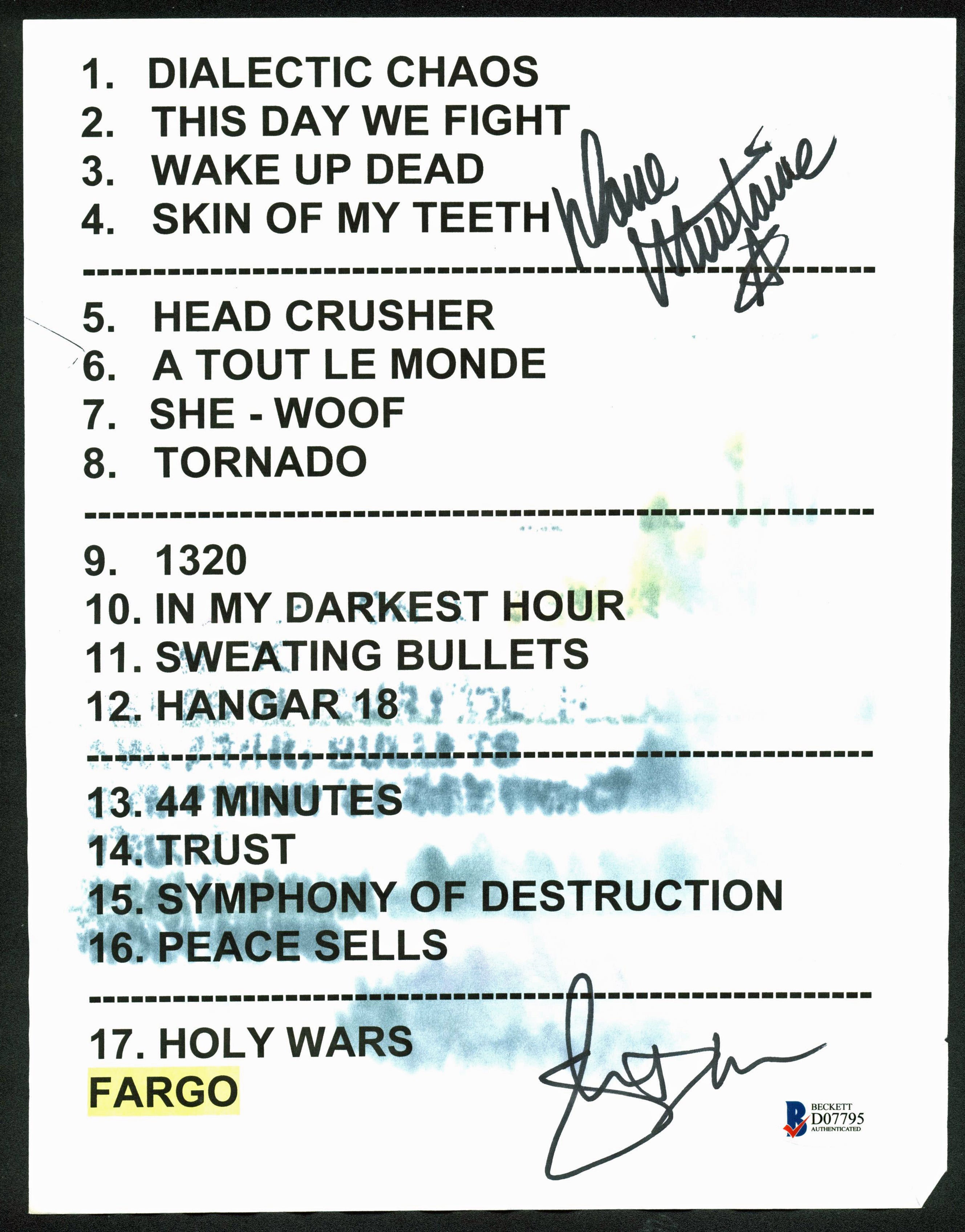 Megadeth Dave Mustaine & Shawn Drover Signed Original Set List BAS #D07795