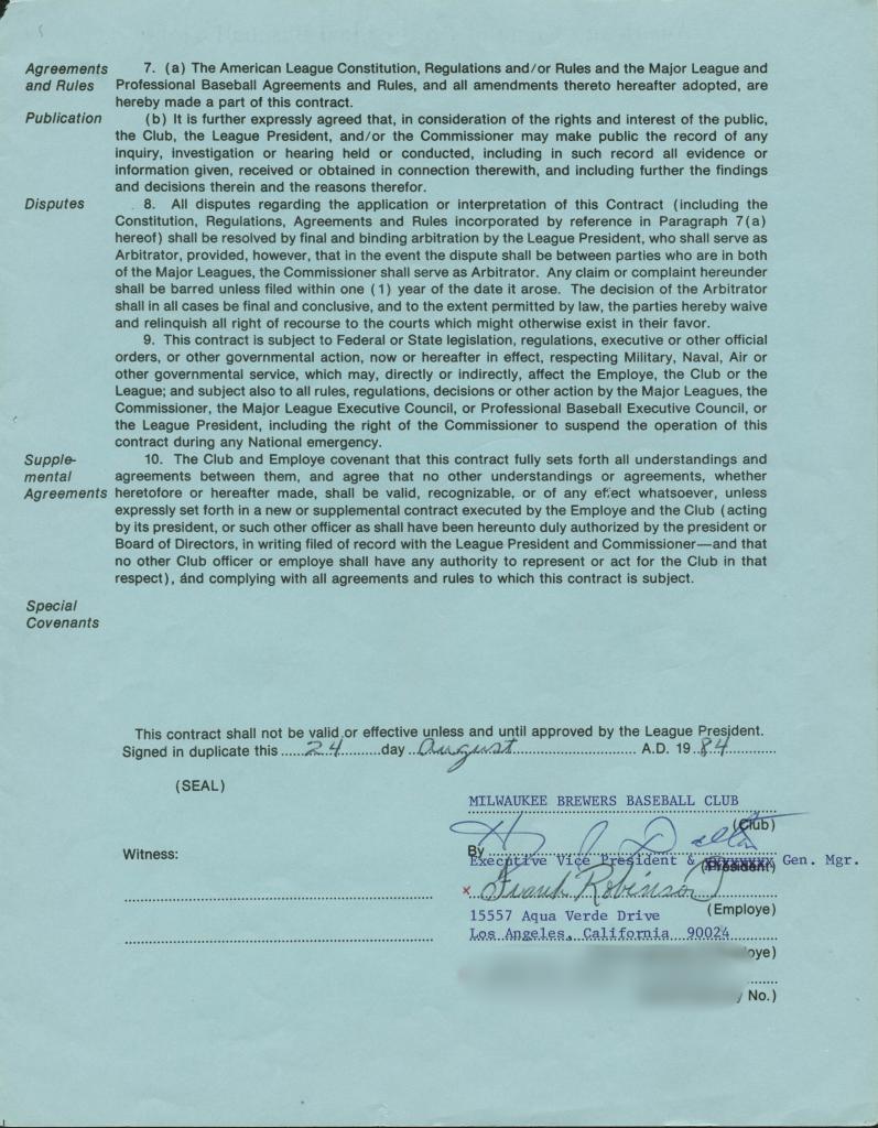 Frank Robinson Authentic Signed 1984 Brewers Coaching Contract PSA/DNA #X45024