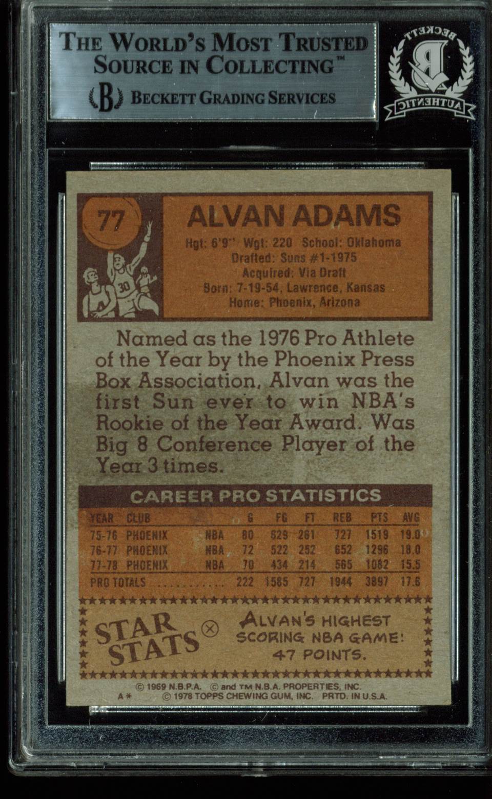 Suns Alvan Adams Authentic Signed Card 1978 Topps #77 Autographed BAS Slabbed