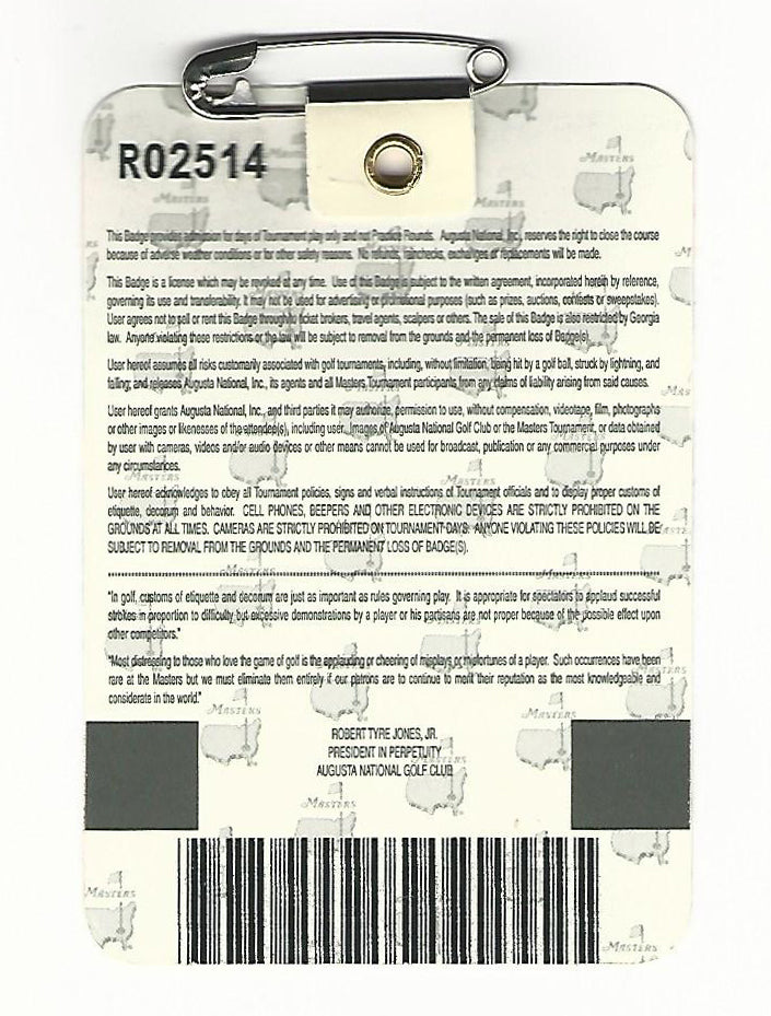 2003 Masters Augusta National Golf Club Badge Ticket Mark Weir Wins PGA