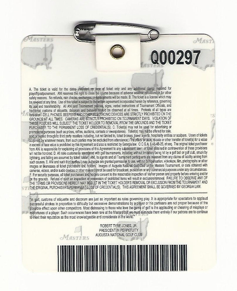 2008 Masters Augusta National Golf Club Badge Ticket Trevor Immelman Wins PGA