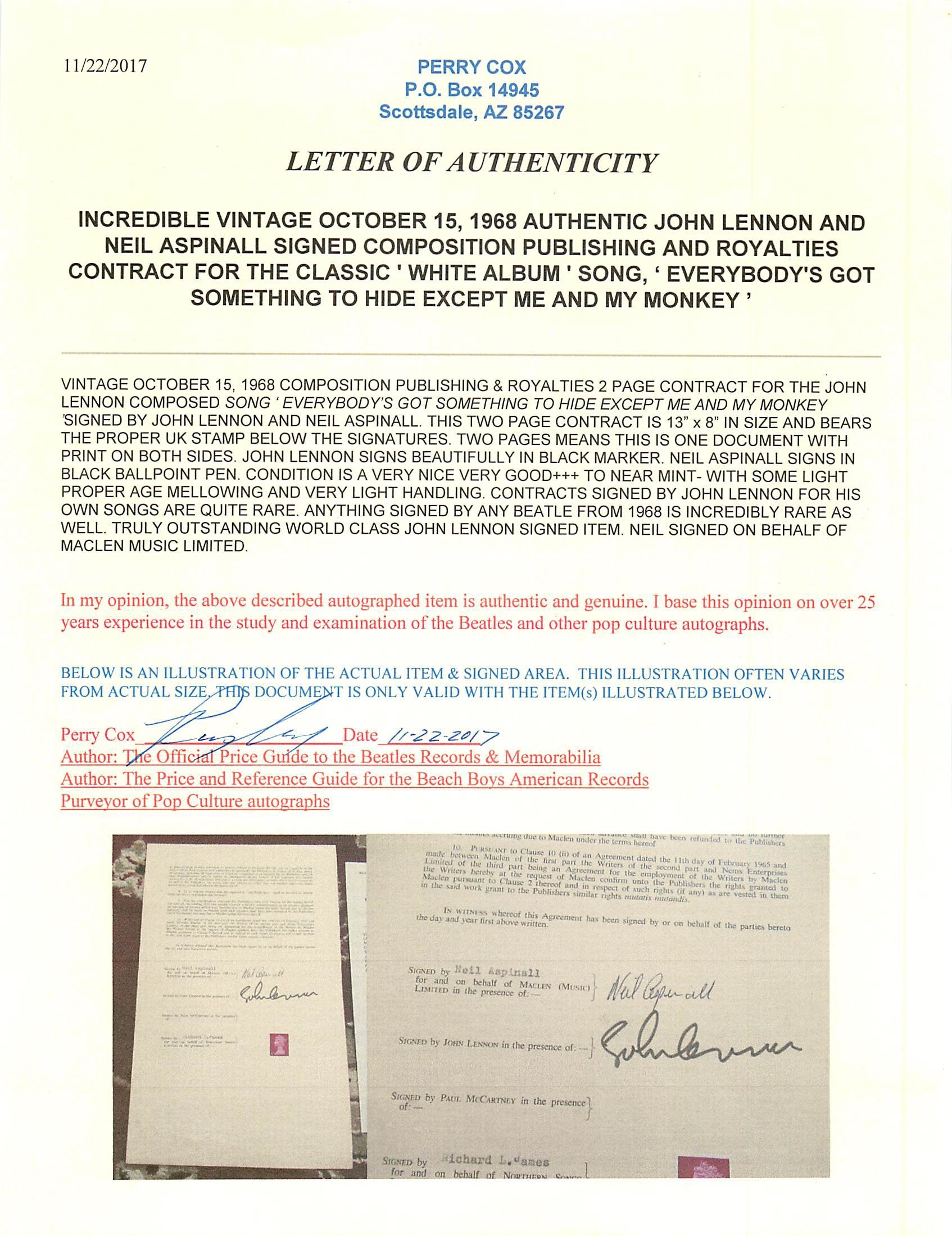 Beatles John Lennon & Neil Aspinall  Signed 1968 Publishing Contract BAS #A86832