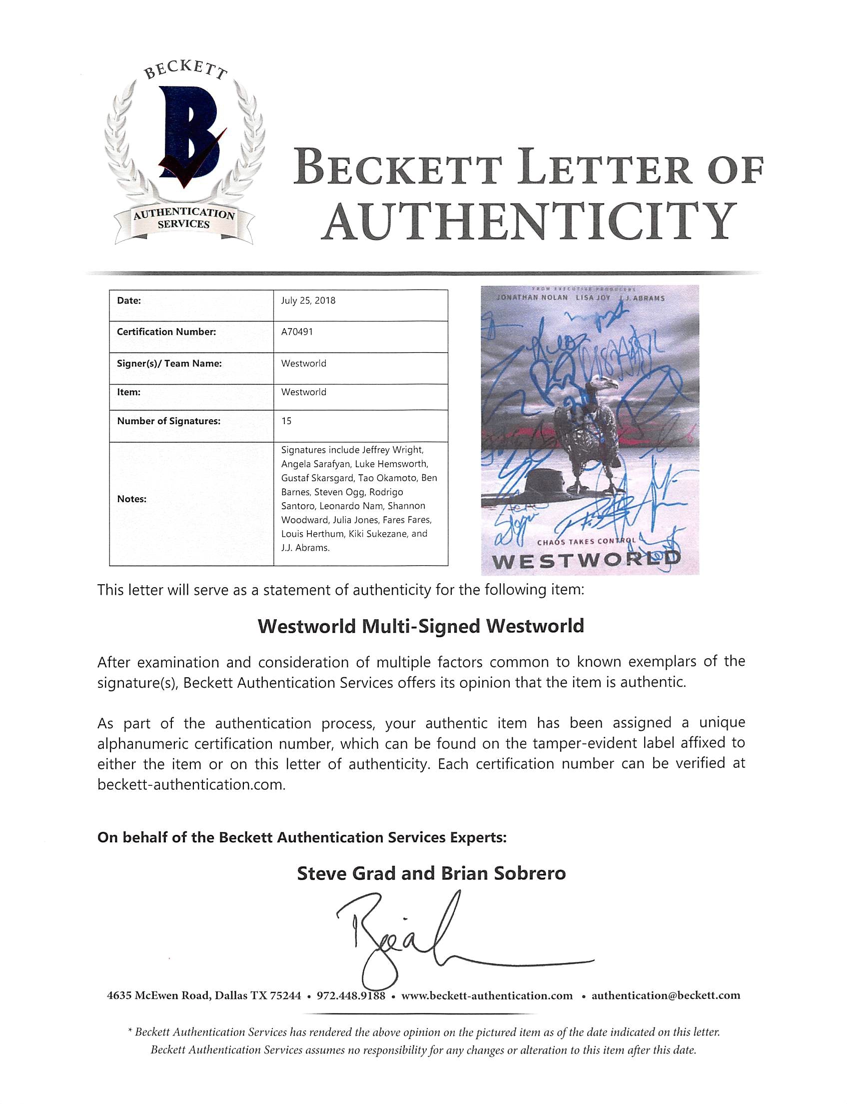 Westworld (15) Wright, Abrams, Sarafyan Authentic Signed 8x10 Photo BAS #A70491