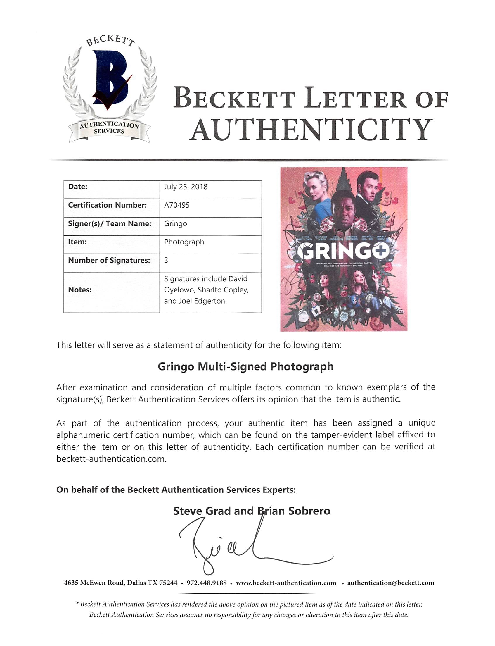 Gringo (3) Oyelowo, Copley & Edgerton Authentic Signed 11x14 Photo BAS #A70495