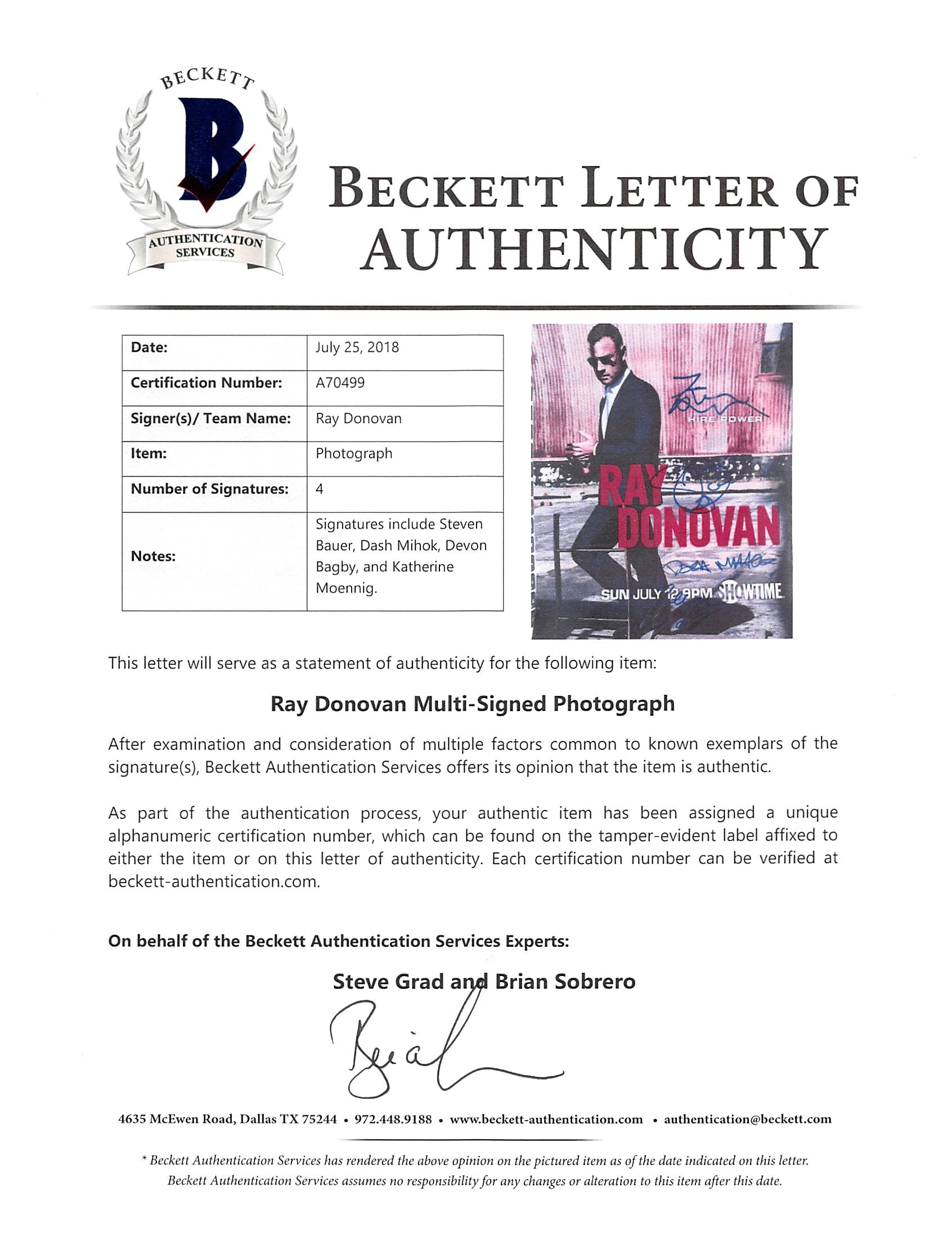 Ray Donovan (4) Moennig, Bagby, Mihok &  Bauer Signed 11x14 Photo BAS #A70499