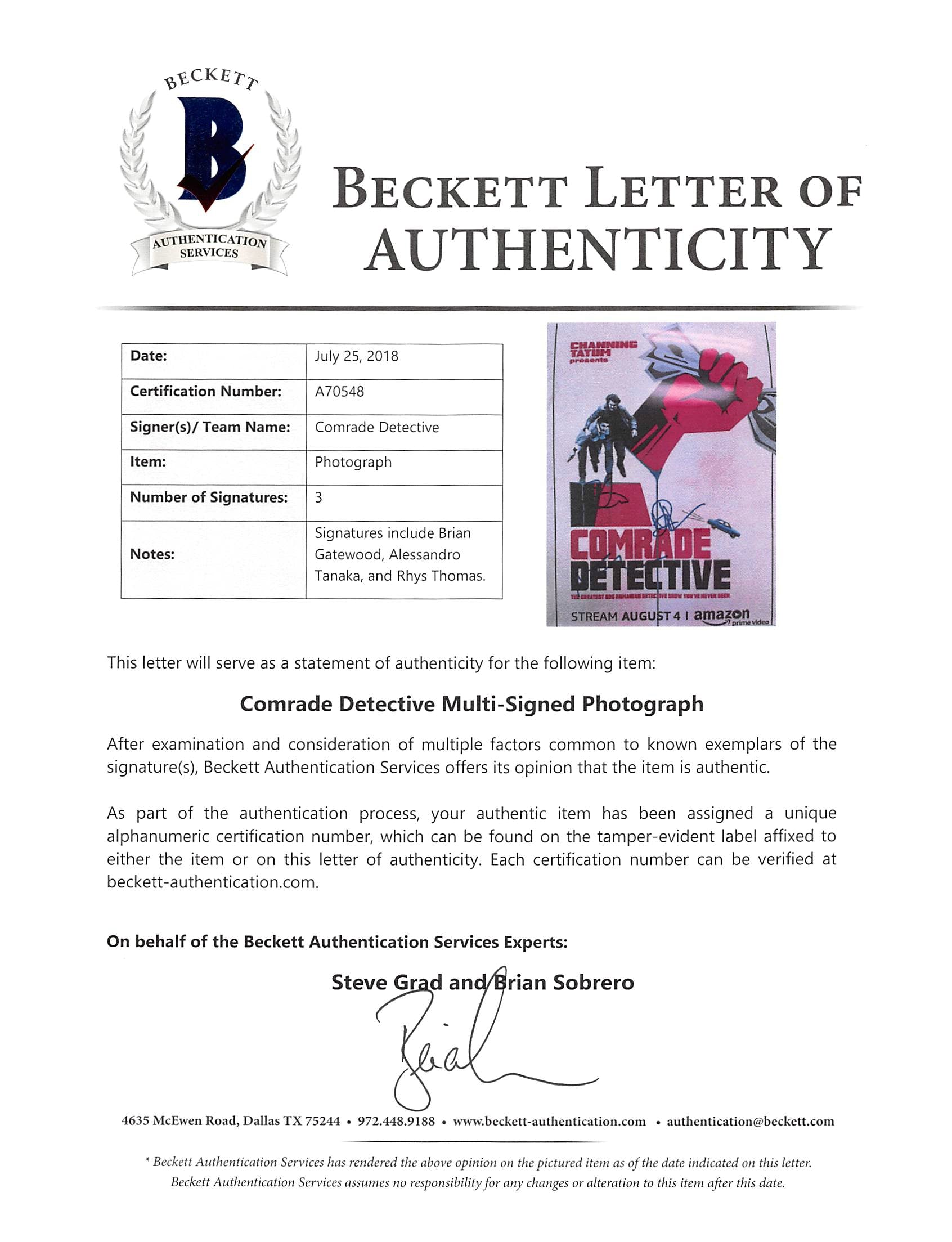 Comrade Detective (3) Gatewood, Tanaka &  Thomas Signed 8x10 Photo BAS #A70548