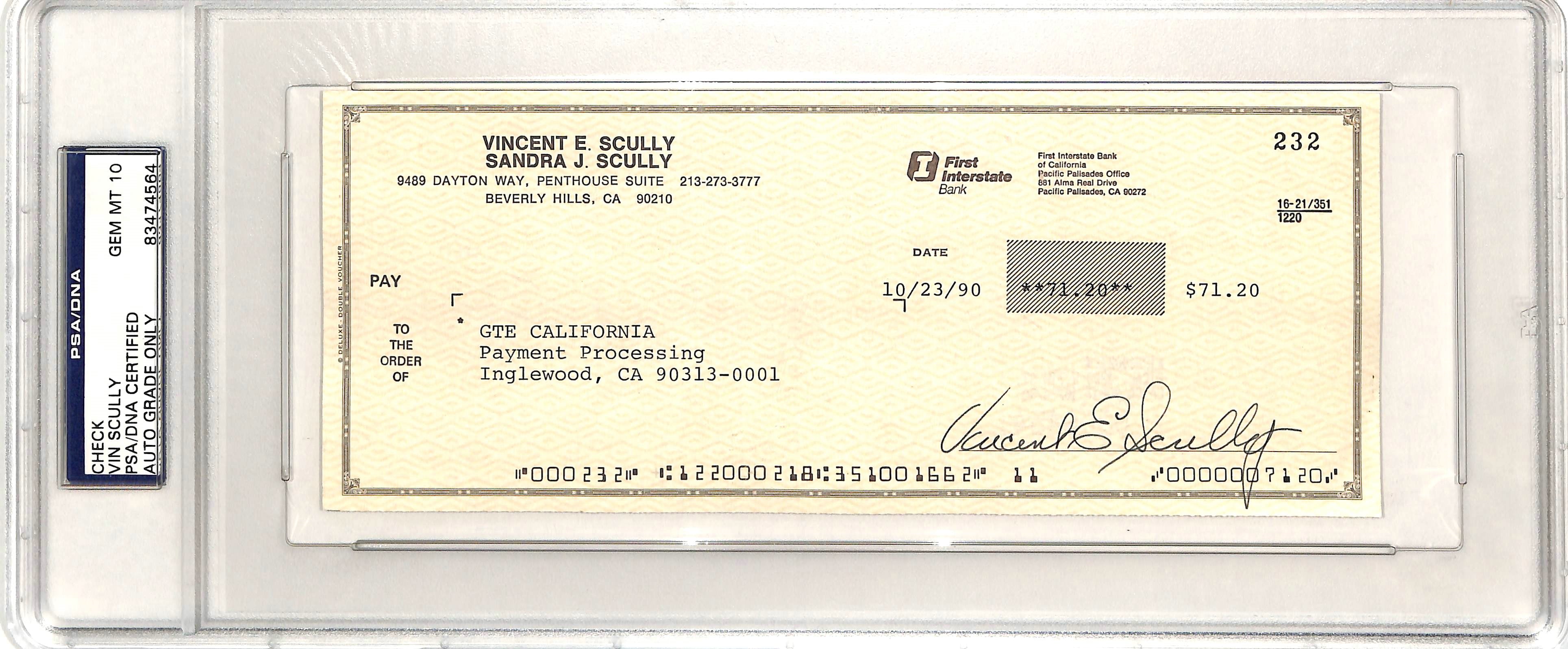 Dodgers Vin Scully Signed 3.35x8.5 Check Auto Graded Gem 10! PSA/DNA Slabbed