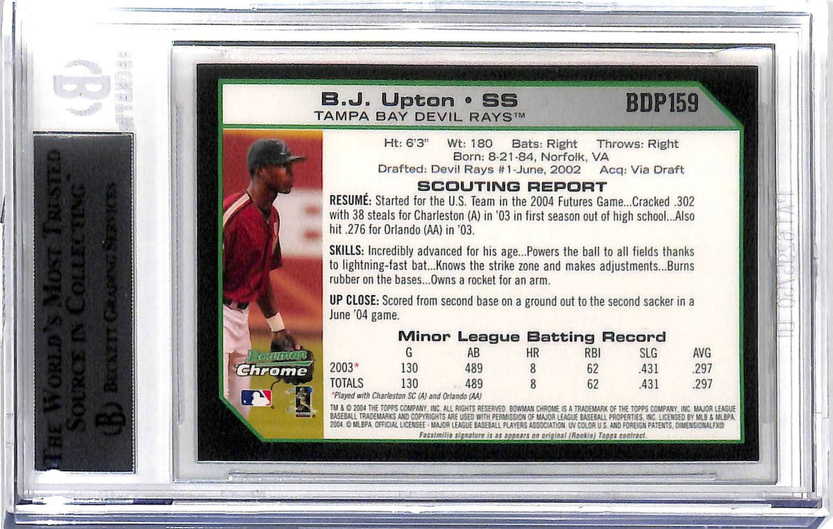 Rays B.J. Upton Authentic Signed 2004 Bowman Chrome #DBP159 RC Card BAS Slabbed