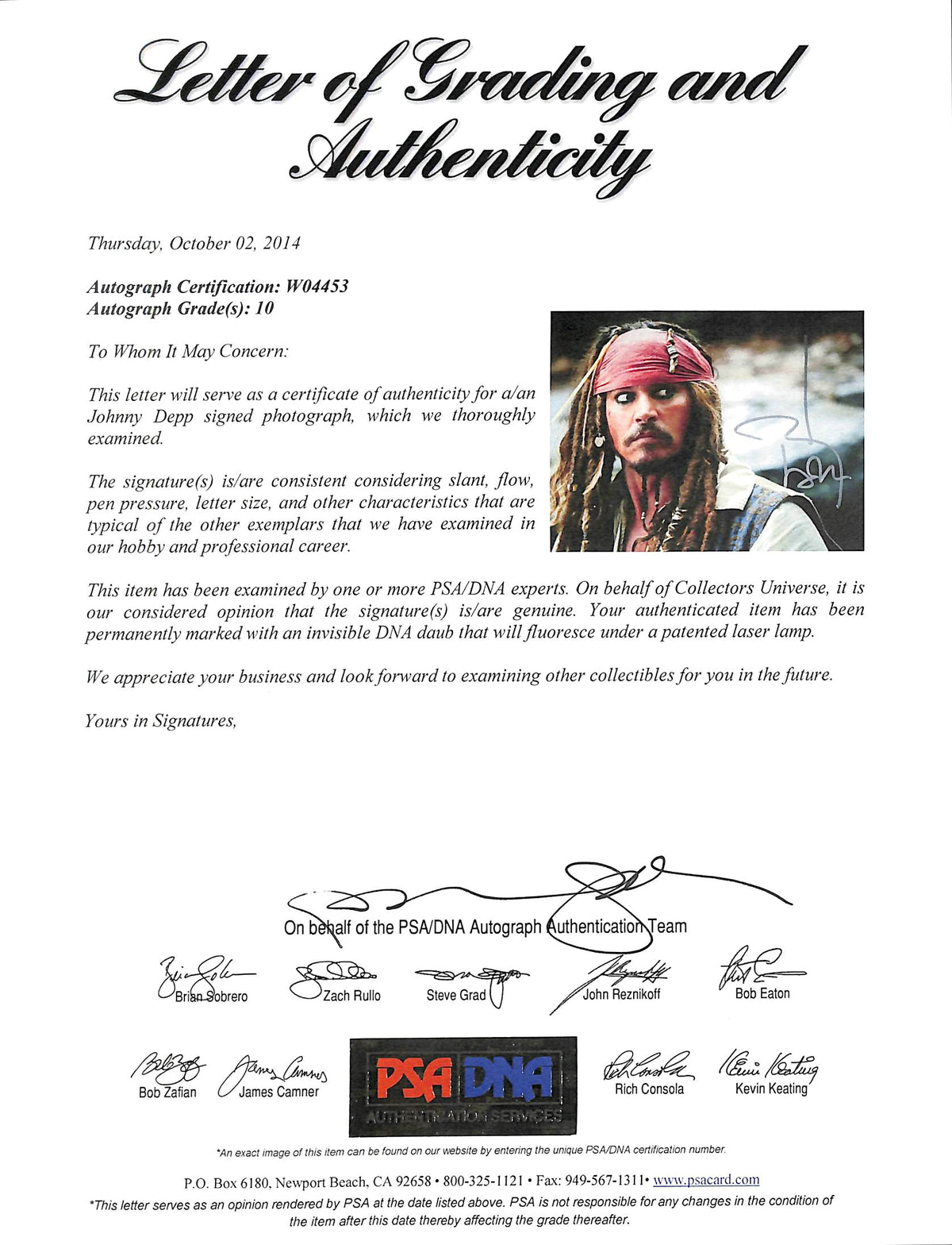 Johnny Depp Pirates Of The Caribbean Signed 11x14 Graded 10! Photo PSA #W04453