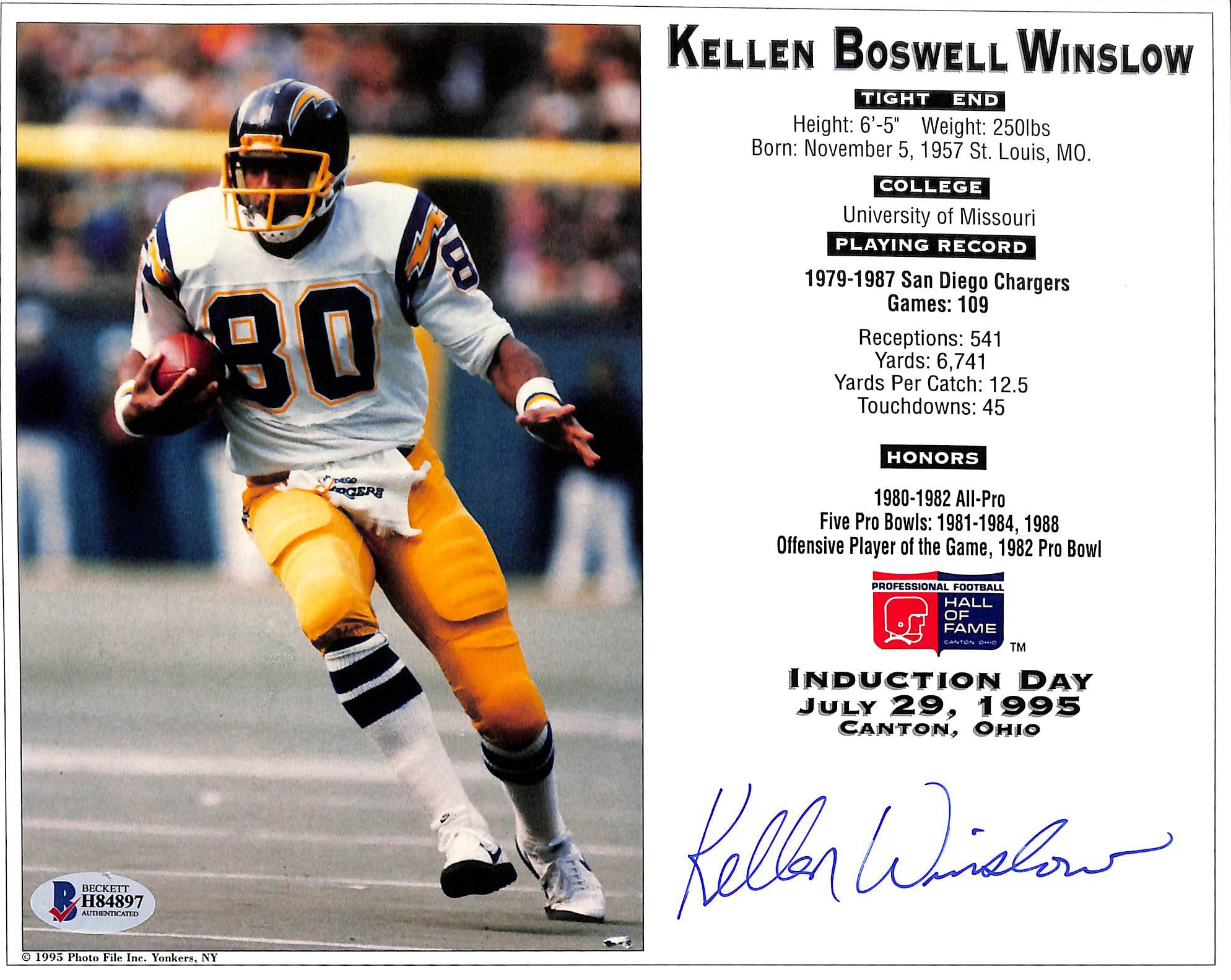 Chargers Kellen Winslow Authentic Signed 8x10 Photo Induction Day Stat BAS