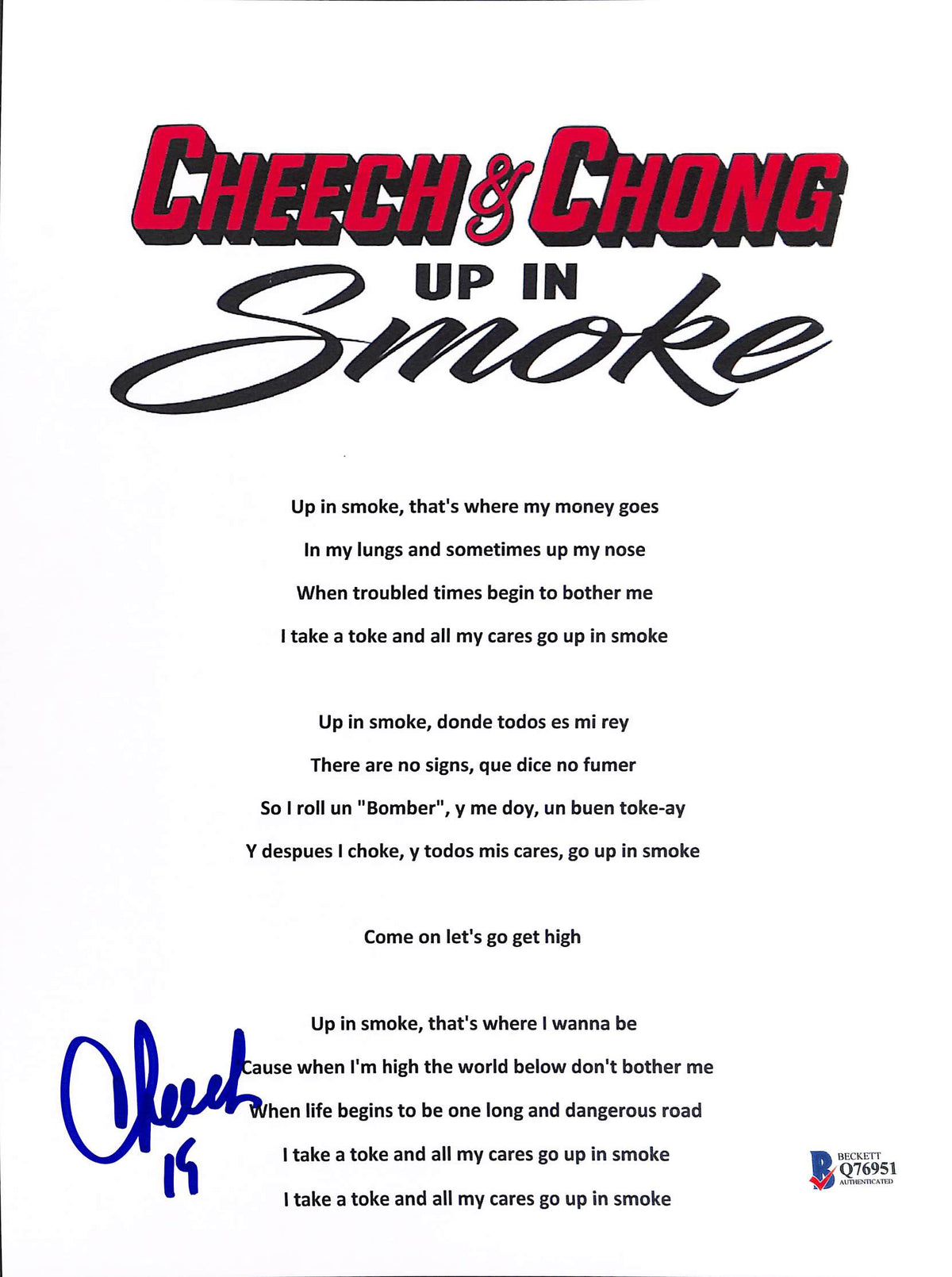 Cheech Marin Authentic Signed Up in Smoke Lyric Music Sheet BAS #Q76951