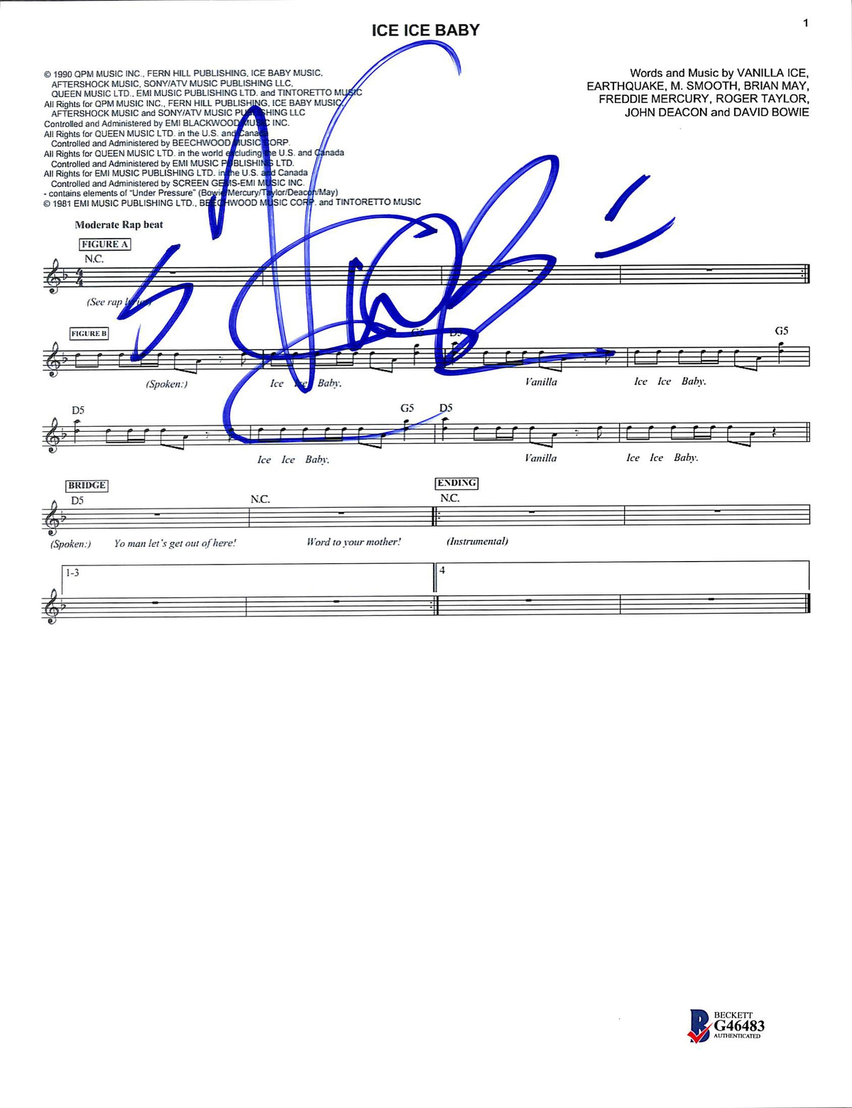 Vanilla Ice Authentic Signed Ice Ice Baby Music Sheet Photo BAS #G46483