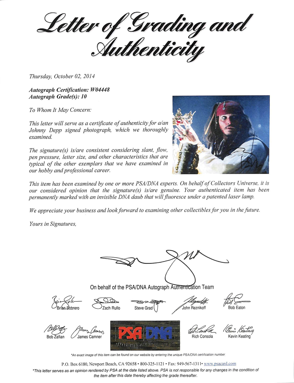 Johnny Depp Pirates Of The Caribbean Signed 11x14 Graded 10! Photo PSA #W04448