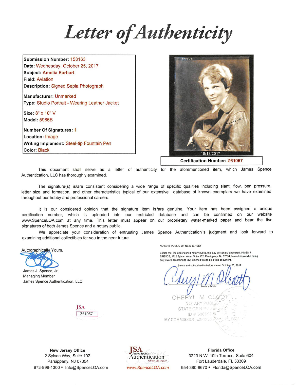 Amelia Earhart Authentic Signed 8x10 Sepia Studio Portrait Photo JSA #Z61057