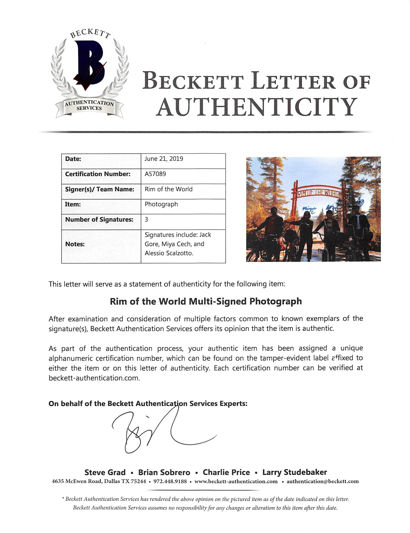 Rim Of The World (3) Gore, Cech & Scalzotto Signed 11x14 Photo BAS #A57089