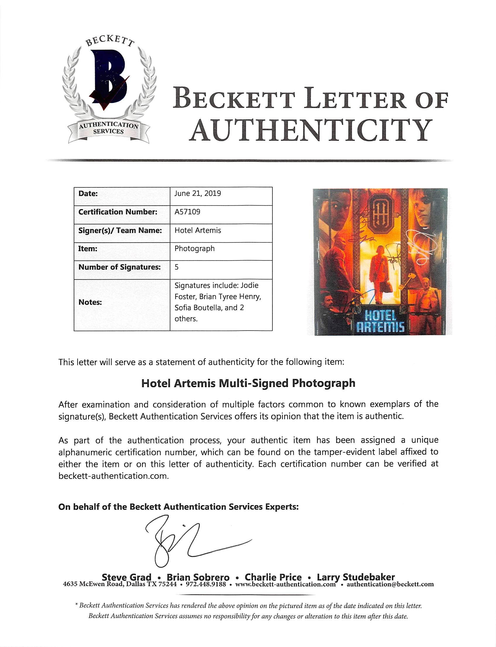 Hotel Artemis (5) Foster, Brown, Henry, Day +1 Signed 12x18 Photo BAS #A57109