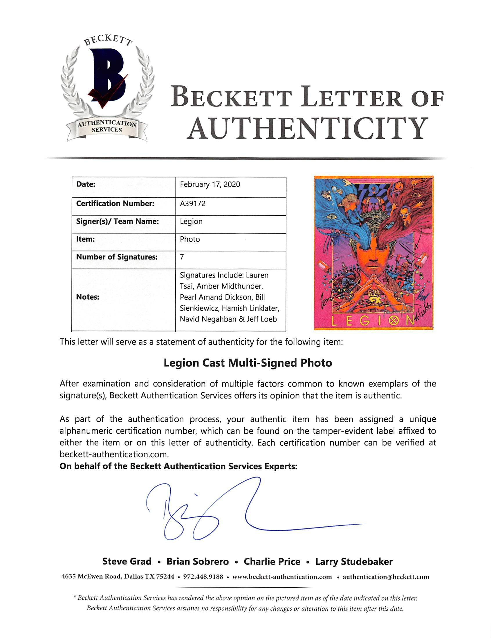 Legion (7) Tsai, Midthunder, Dickson, Sienkiewicz Signed 11x14 Photo BAS #A39172