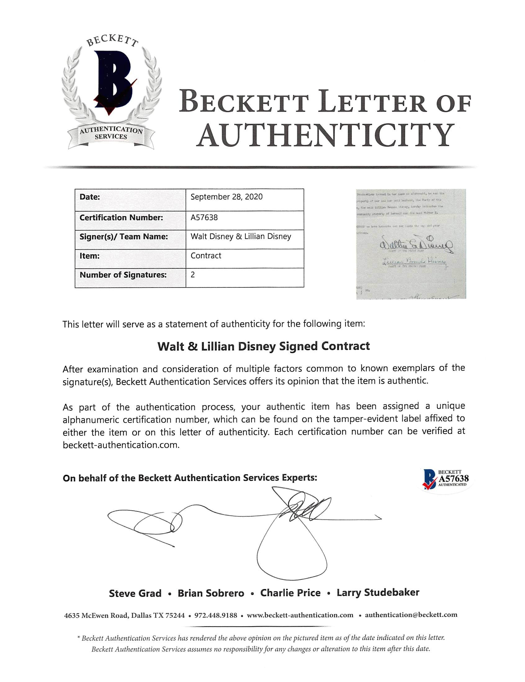 Walt Disney & Lillian Disney Signed 2 Page 8.5x13 1940 Contract BAS #A57638