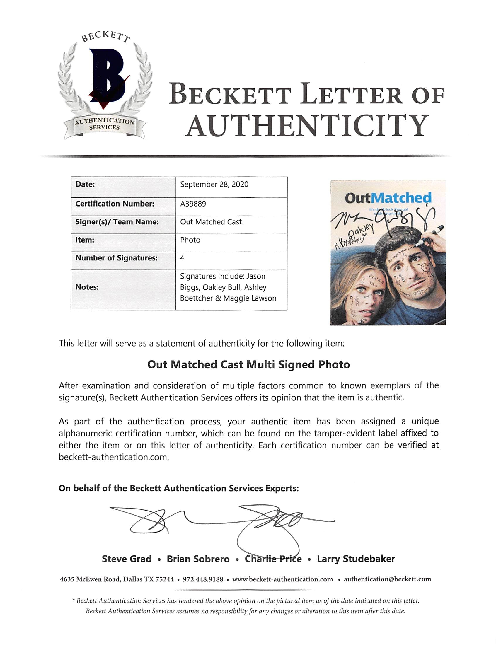 Outmatched (4) Biggs, Bull, Boettcher & Lawson Signed 8x10 Photo BAS #A39889