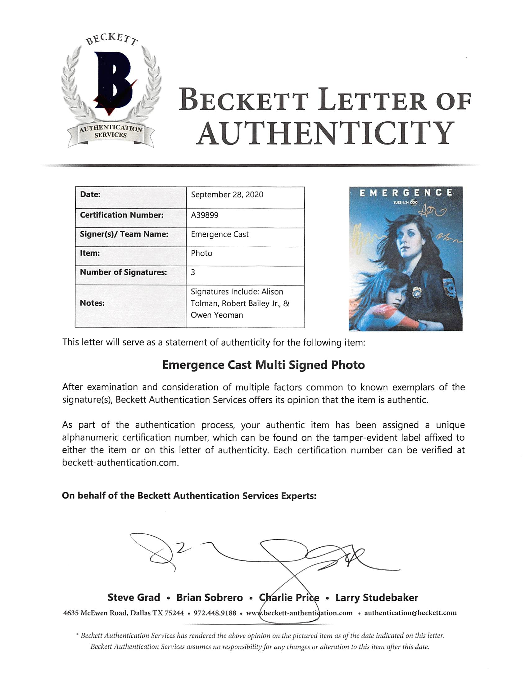 Emergence (3) Tolman, Bailey Jr. & Yeoman Signed 11x14 Photo BAS #A39899