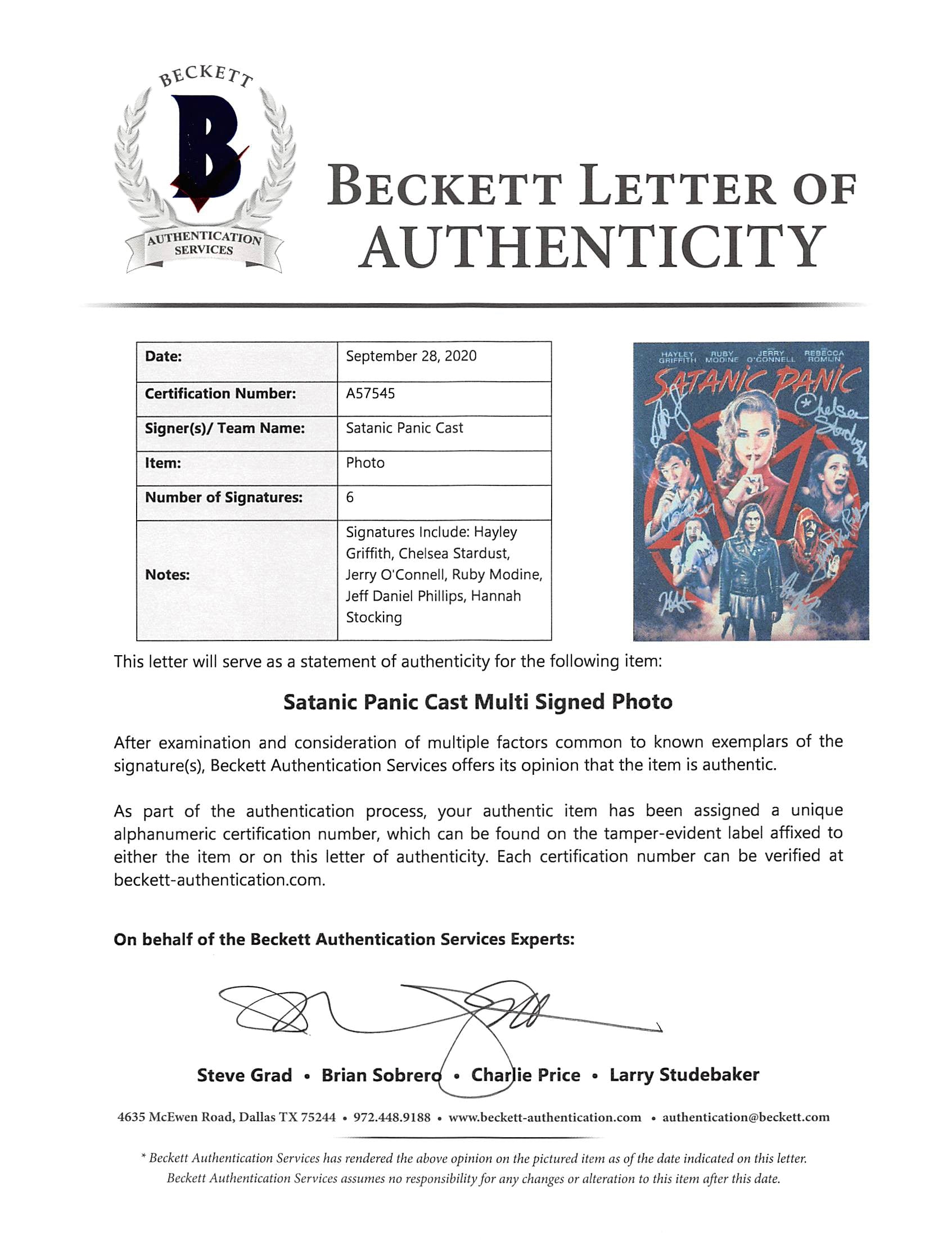 Satanic Panic (6) Griffith, Stardust, O'Connell Signed 11x14 Photo BAS #A57545