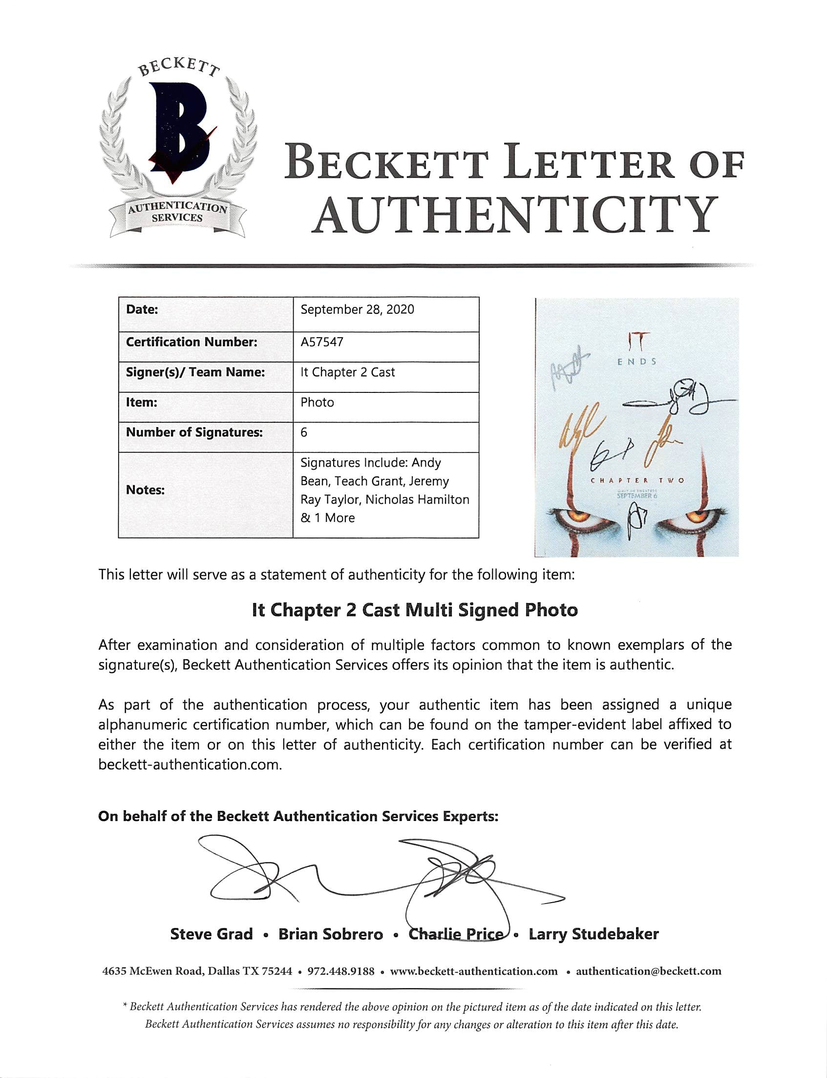 IT Chapter 2 (5) Bean, Grant, Taylor, Hamilton & Signed 11x14 Photo BAS #A57547