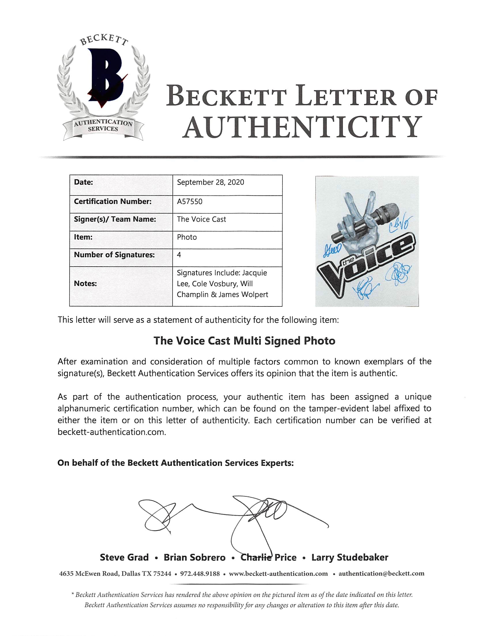 The Voice (4) Lee, Vosbury, Champlin & Wolpert Signed 11x14 Photo BAS #A57550