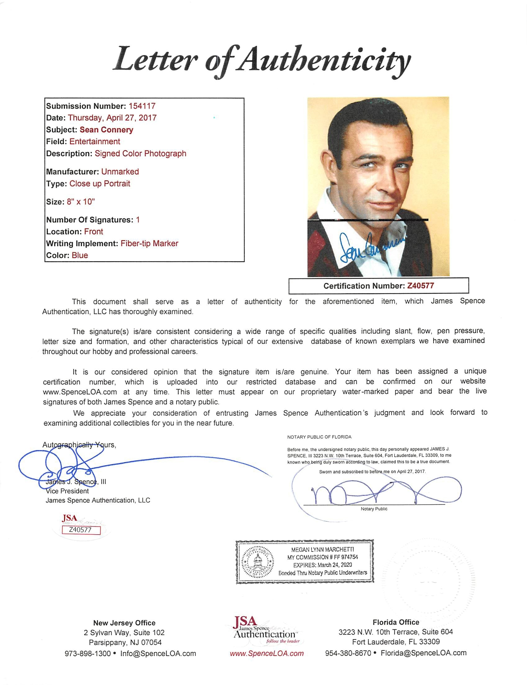 Sean Connery James Bond 007 Authentic Signed 8x10 Photo Autographed JSA #Z40577