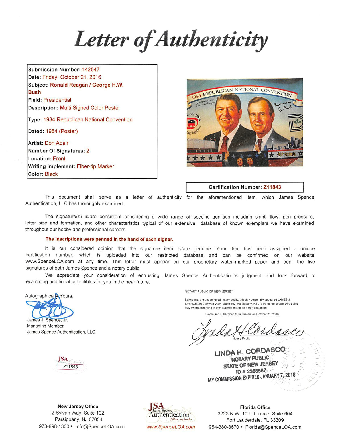 Ronald Reagan & George H.W. Bush Signed 19x25 1984 RNC Poster JSA #Z11843