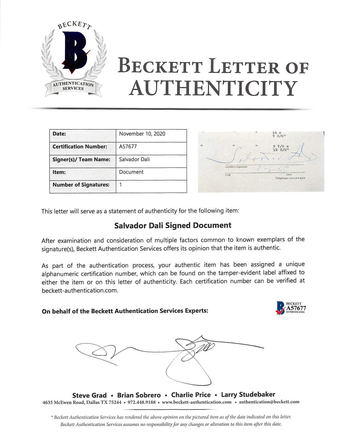 Salvador Dali Authentic Signed 8.5x11 Loan Document Dated 1-5-1965 BAS #A57677