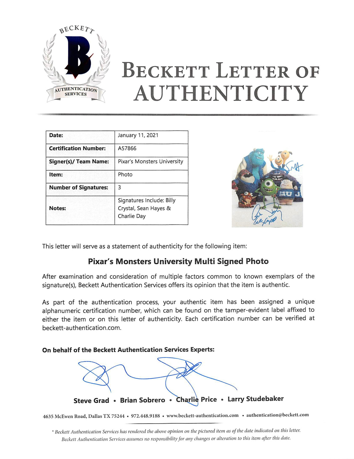 Monsters University (3) Crystal, Hayes & Day Signed 11x14 Photo BAS #A57866