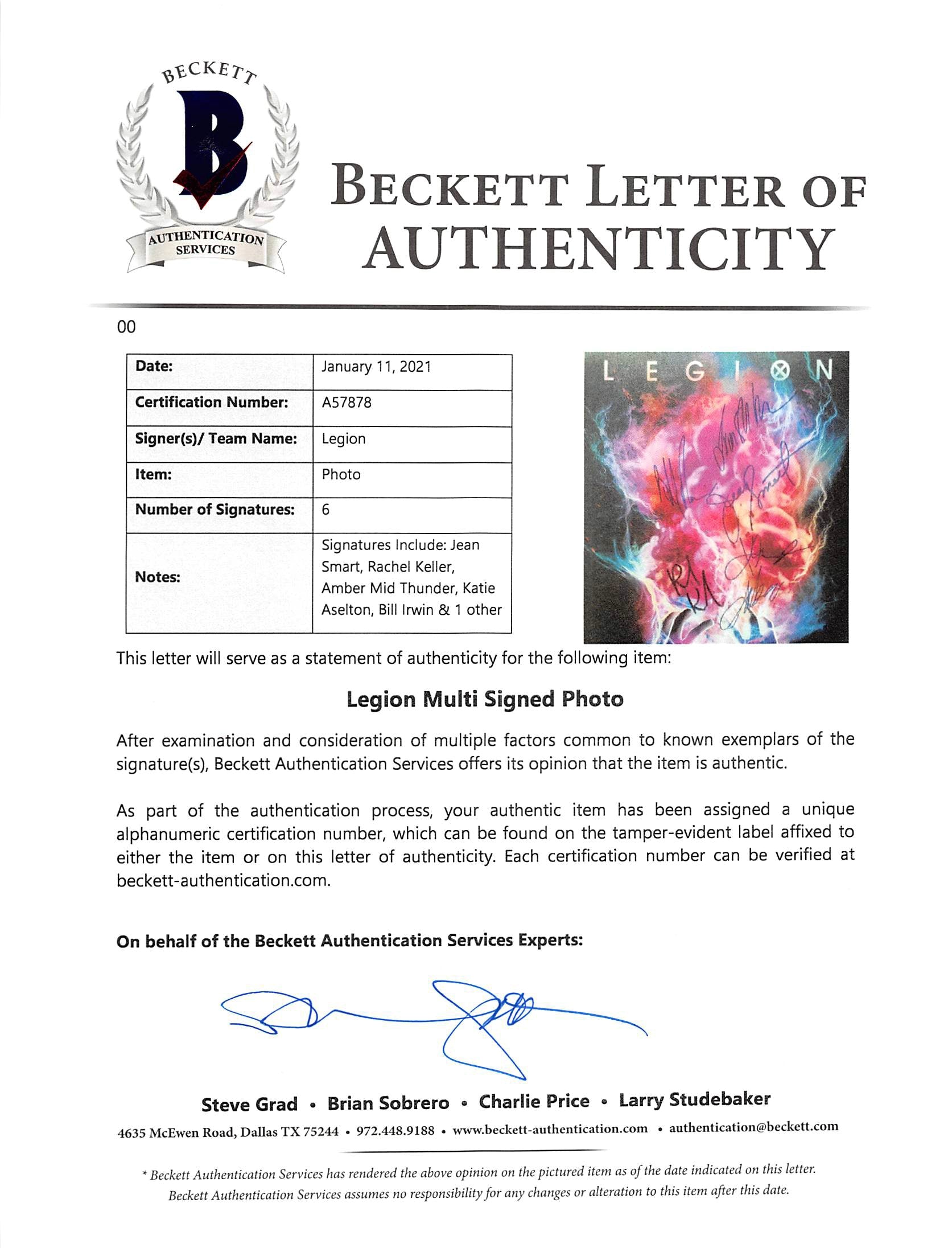 Legion (6) Smart, Keller, Thunder, Irwin +2 Signed 12x18 Photo BAS #A57878