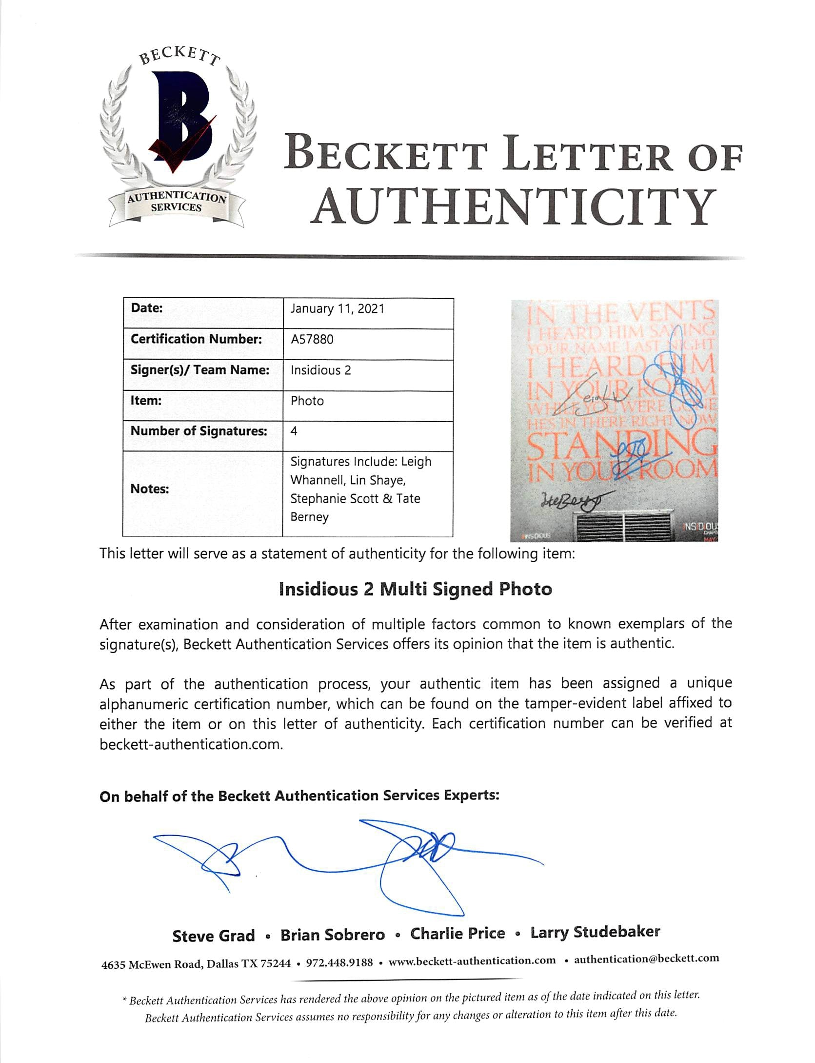 Insidious (4) Whannell, Shaye, Scott & Berney Signed 12x18 Photo BAS #A57880