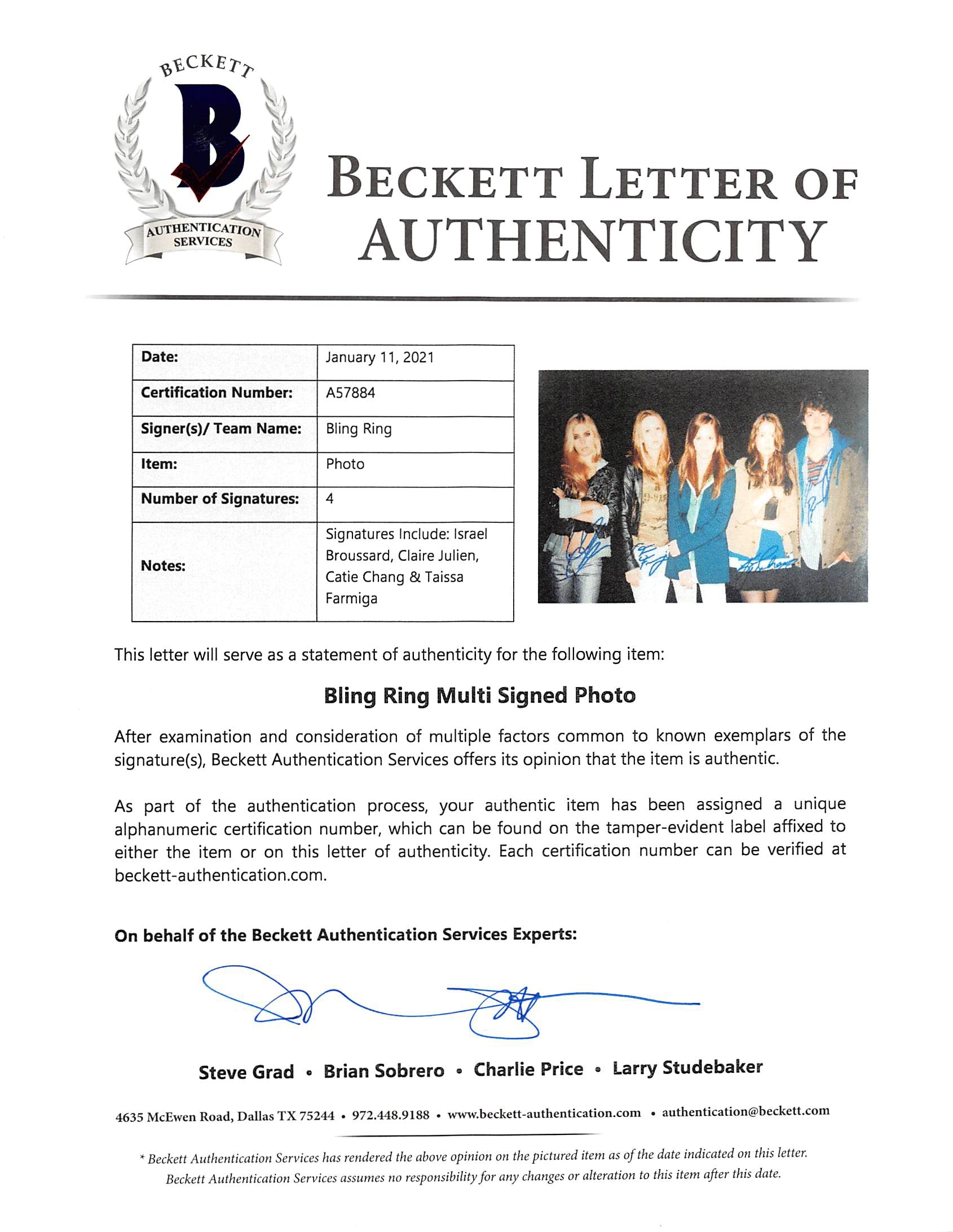 Bling Ring (4) Broussard, Julien, Chang & Farmiga Signed 12x18 Photo BAS #A57884