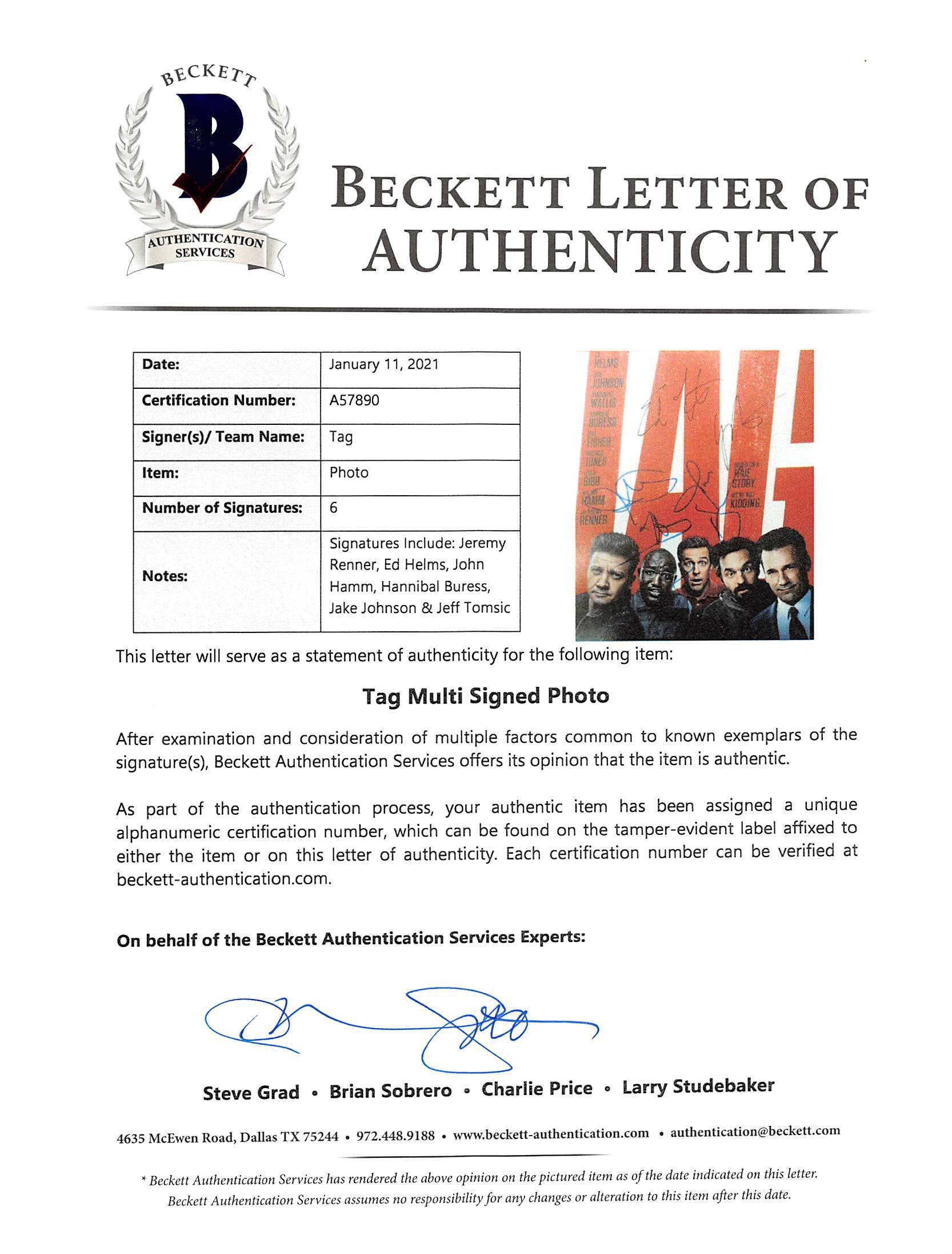 TAG (6) Renner, Helms, Hamm, Buress, Johnson & Tomsic Signed 12x18 Photo BAS