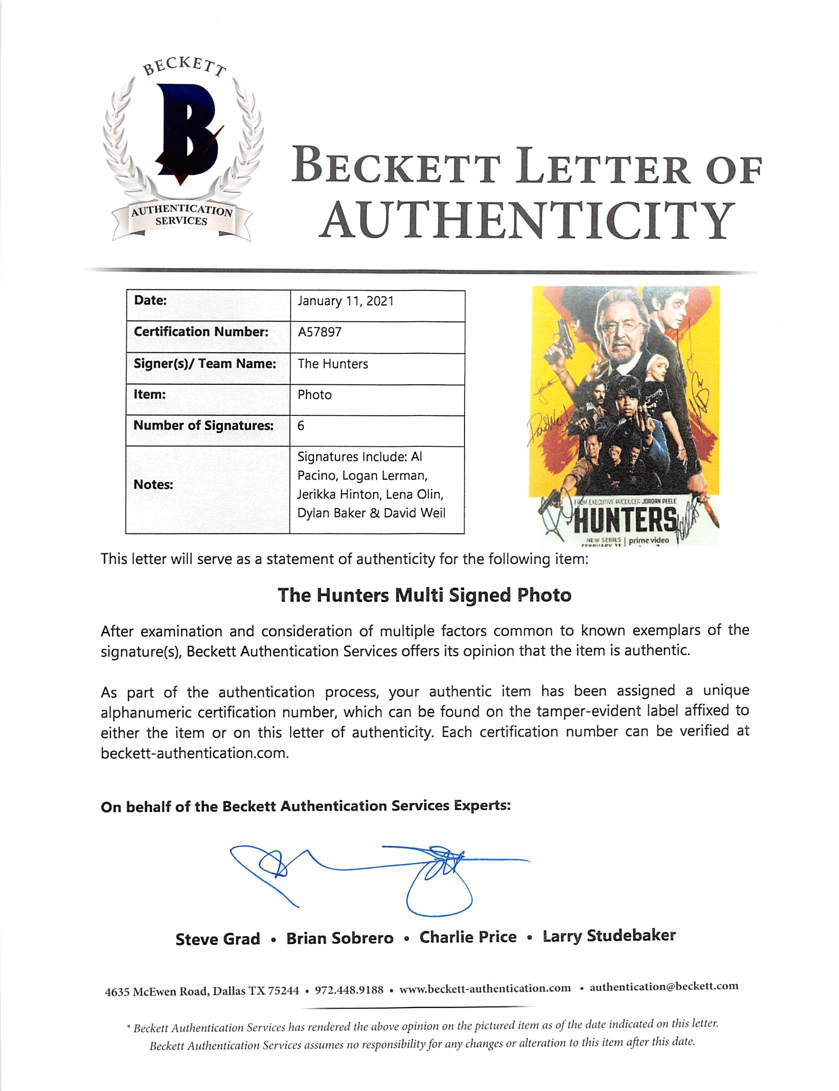 The Hunters (6) Pacino, Lerman, Hinton, Olin +2 Signed 12x18 Photo BAS #A57897