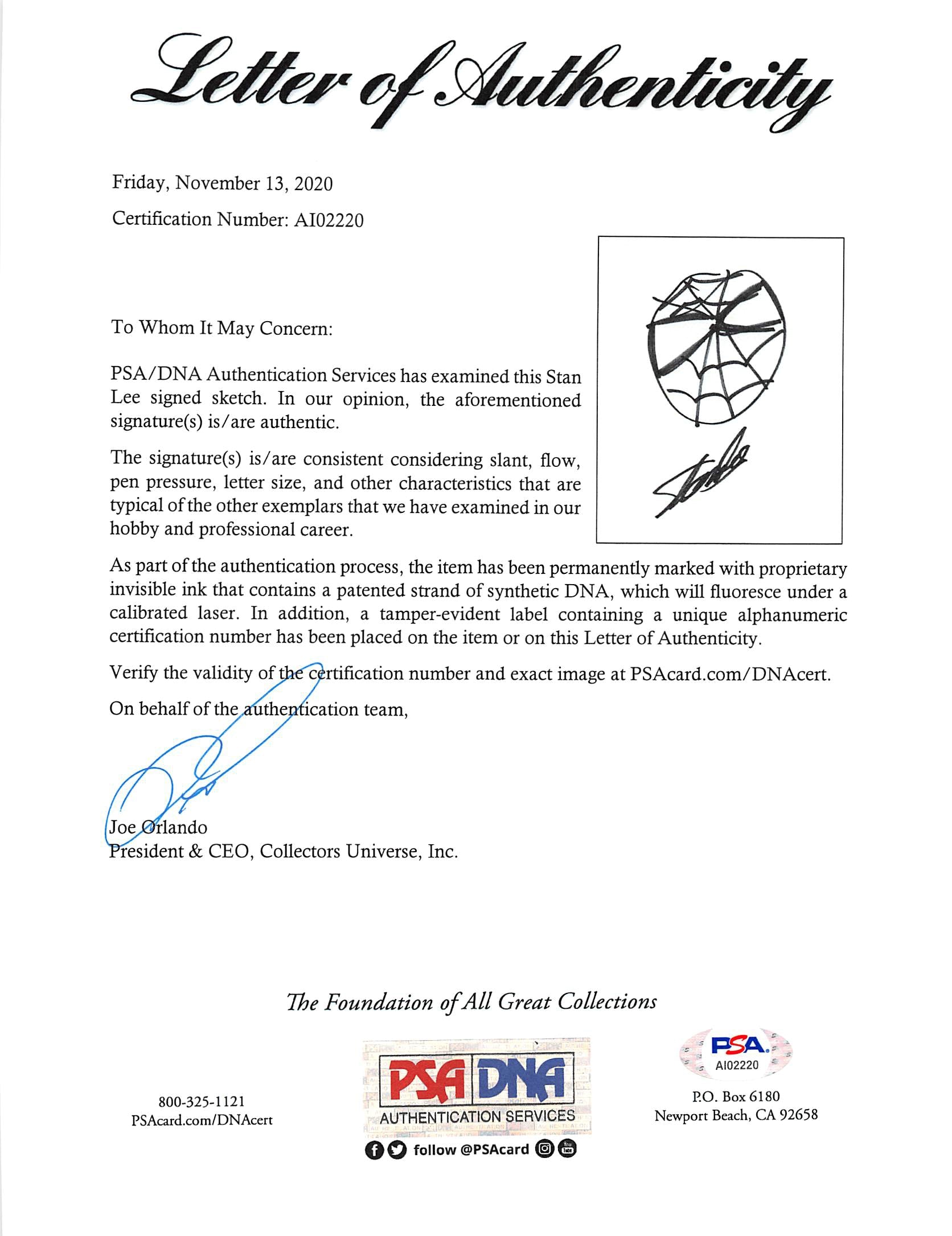 Stan Lee Marvel Authentic Signed 7x10.5 Spider-Man Hand-Drawn Sketch CGC & PSA