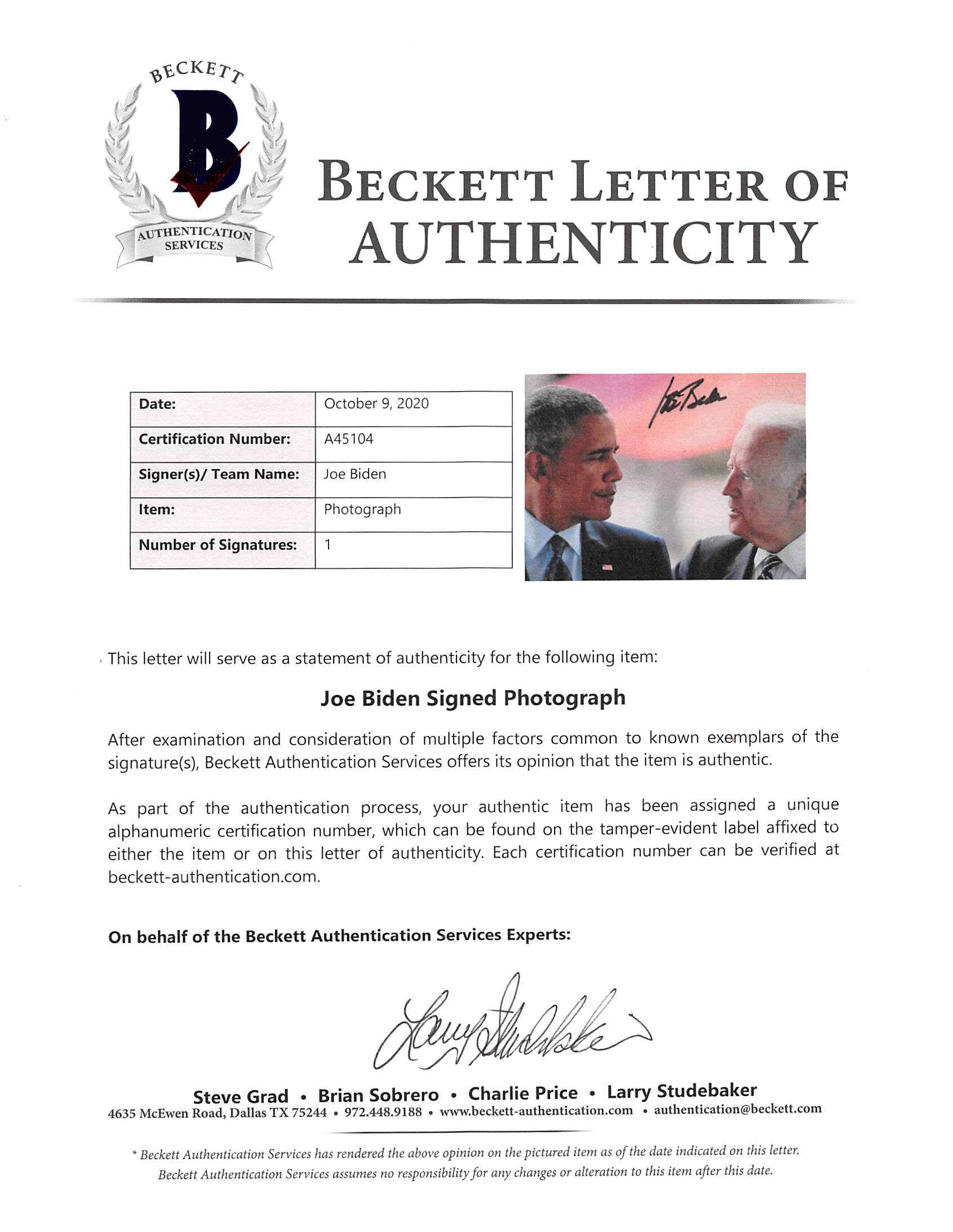 Joseph R. Biden Authentic Signed 8x10 Photo w/ Barack Obama Autographed BAS