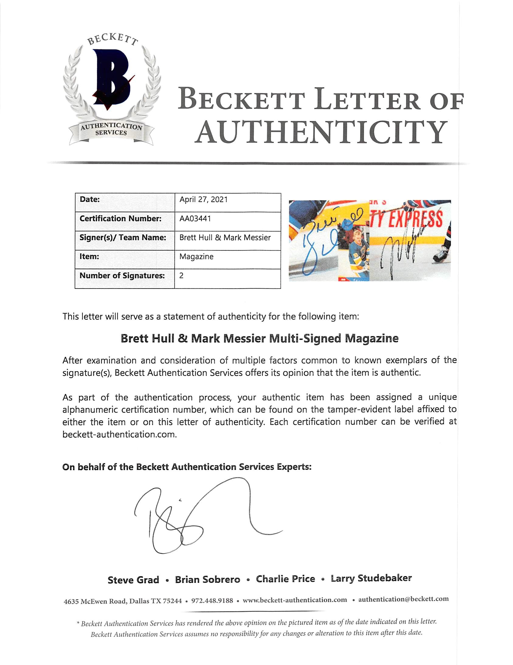 Brett Hull & Mark Messier Authentic Signed Beckett Hockey Magazine BAS #AA03441