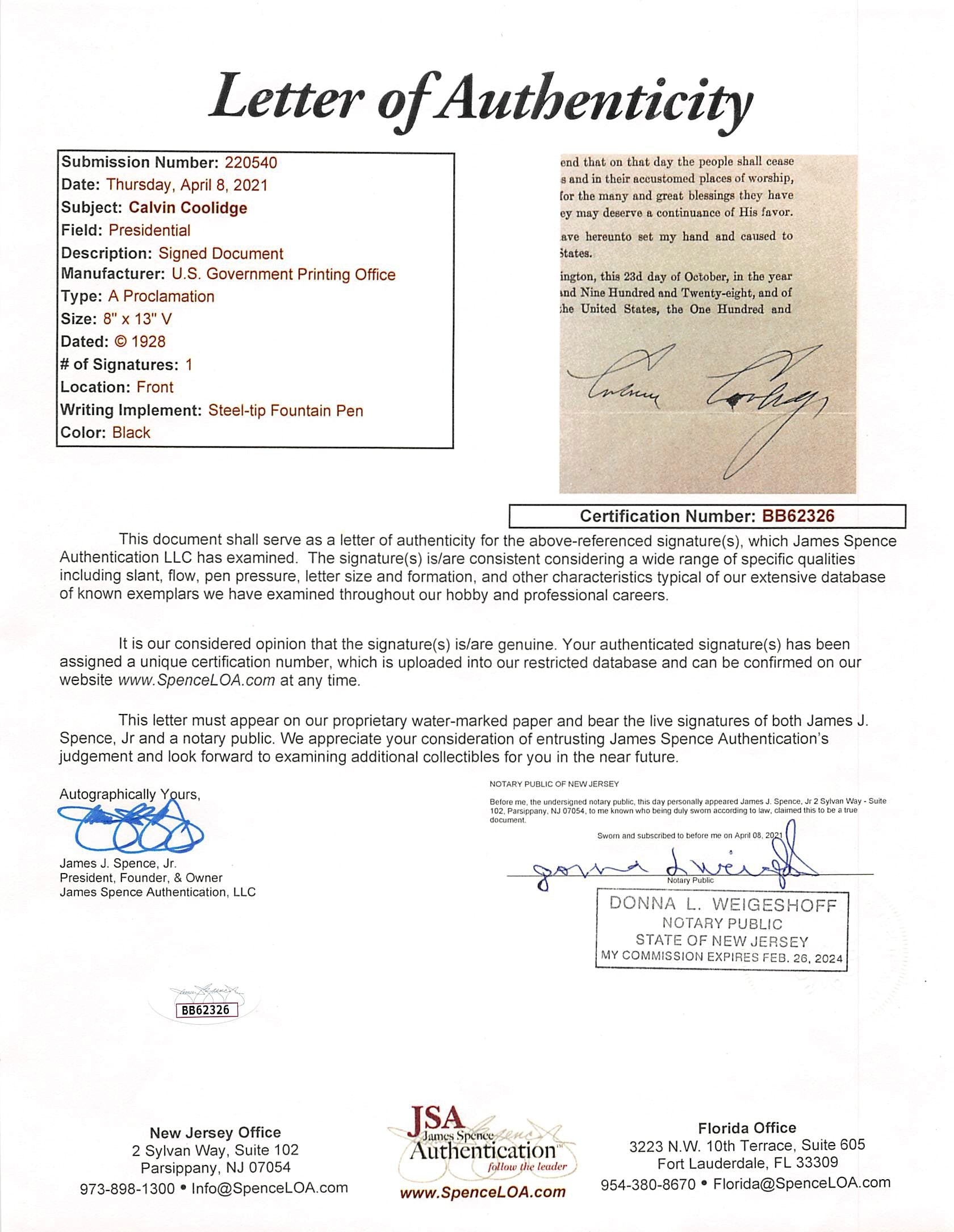 Calvin Coolidge Signed 8x13 1928 Thanksgiving Proclamation Document JSA #BB62326