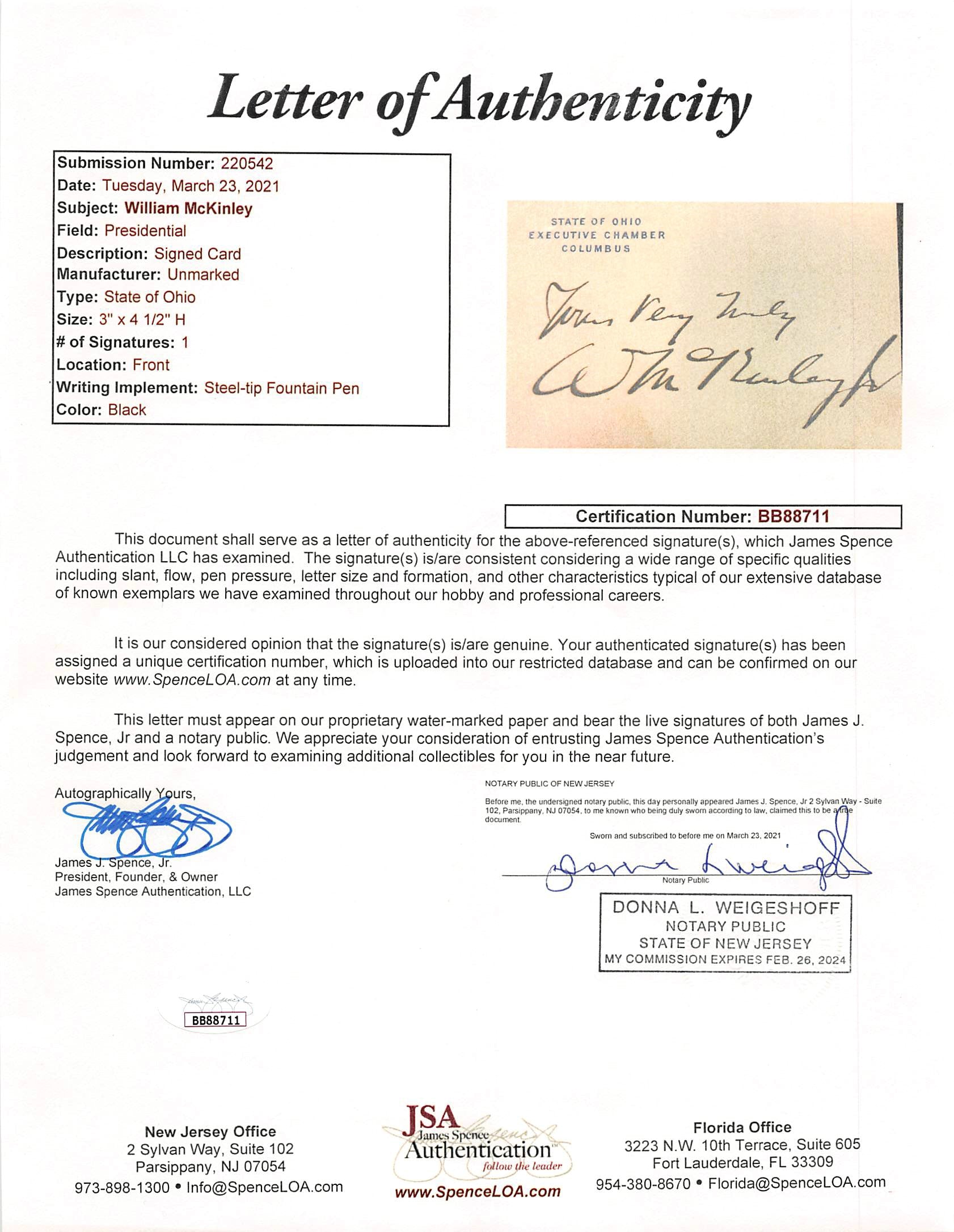 William McKinley "Yours Very Truly" Signed 3x4.5 Ohio Executive Chamber Card JSA
