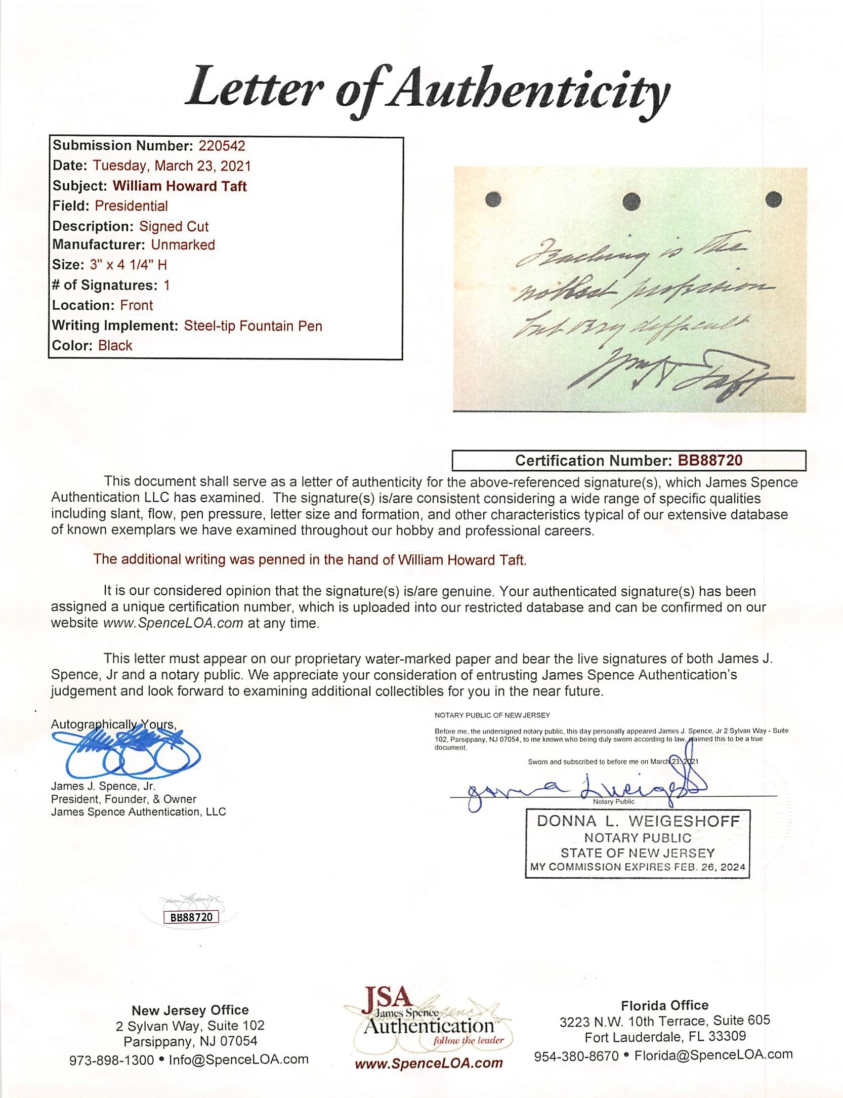 William H. Taft Authentic Signed 3x4.25 Cut Signature Autographed JSA #BB88720