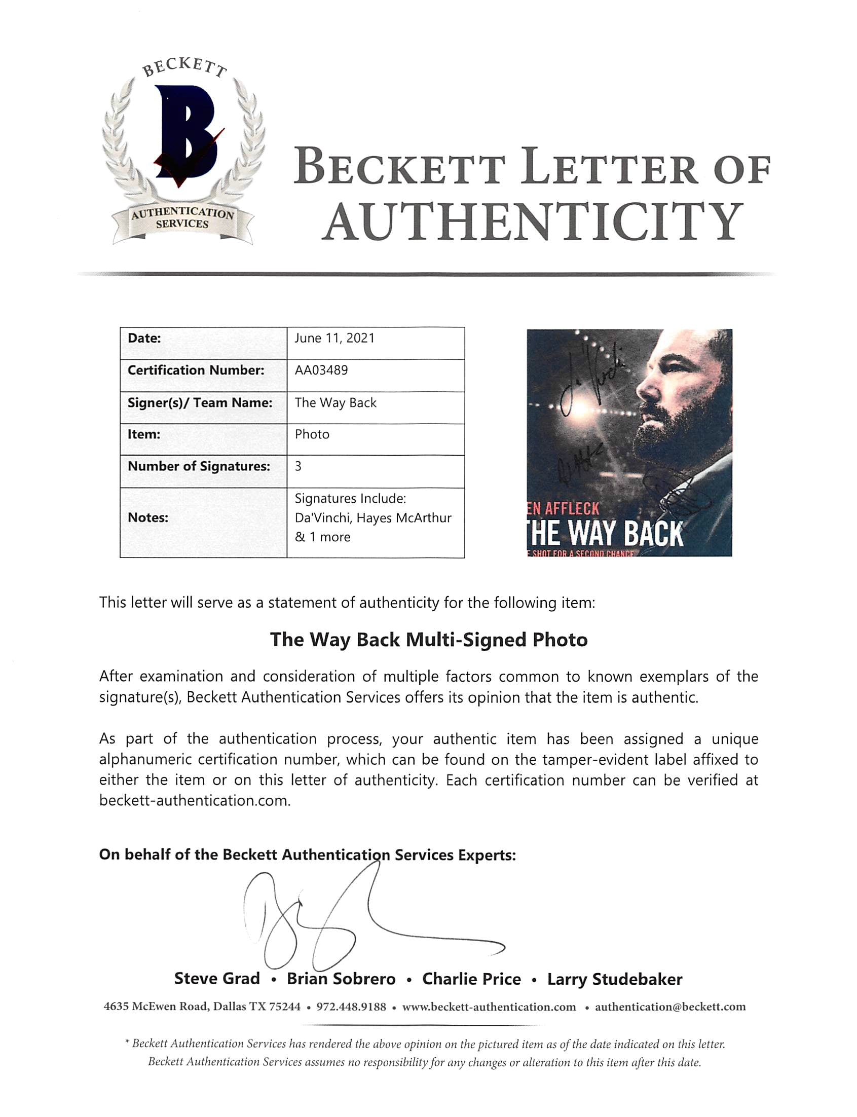 The Way Back (3) DaVinchi, McArthur & 1 More Signed 12x18 Photo BAS #AA03489