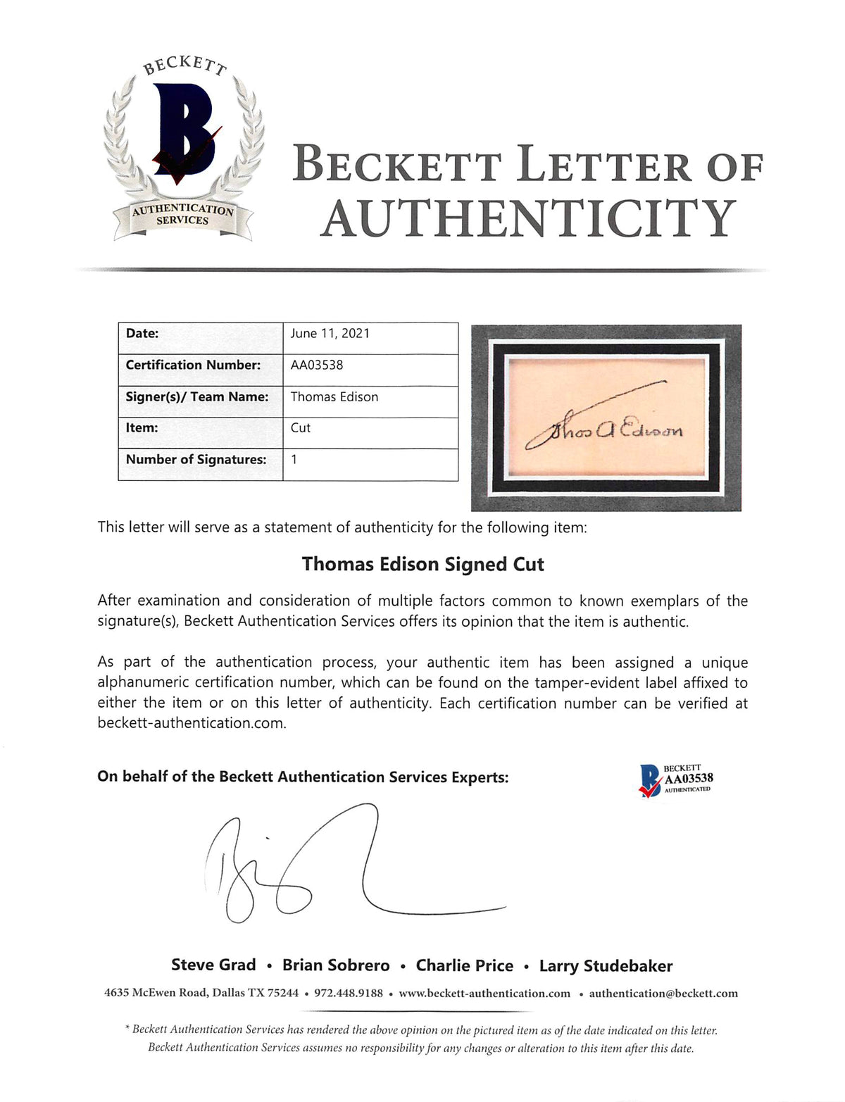 Thomas Edison Authentic Signed & Framed 1.75x2.75 Cut Signature BAS #AA03538